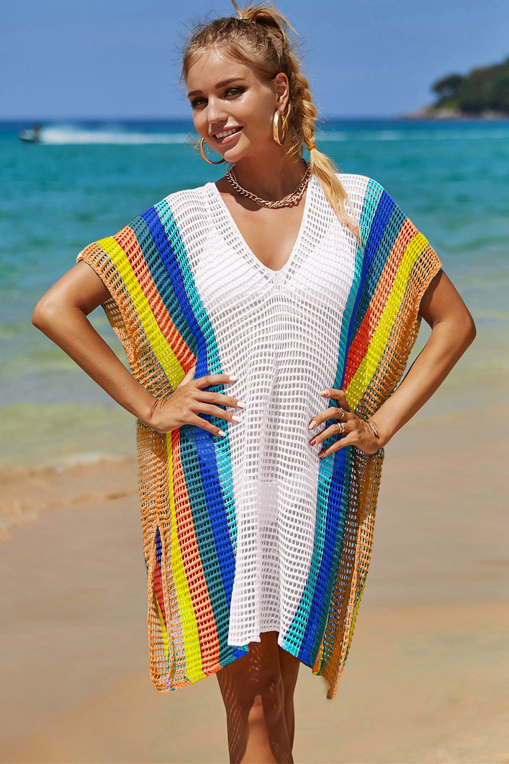 Double Take Openwork Striped Slit Knit Cover Up - Angel Body