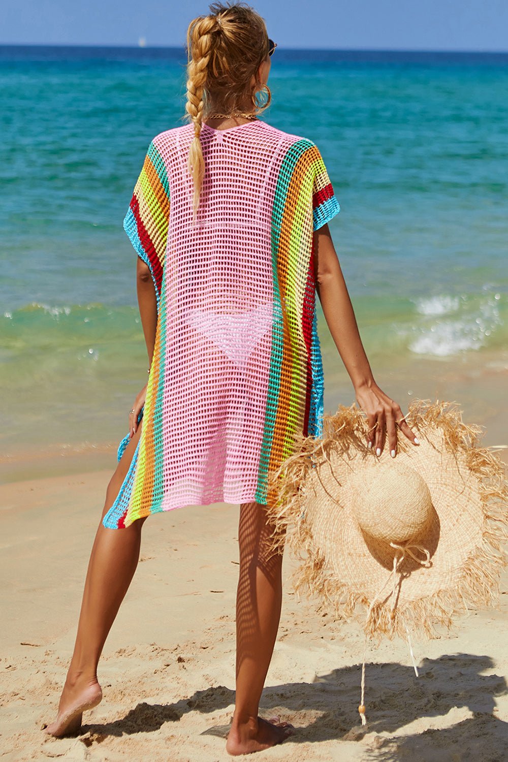 Double Take Openwork Striped Slit Knit Cover Up - Angel Body