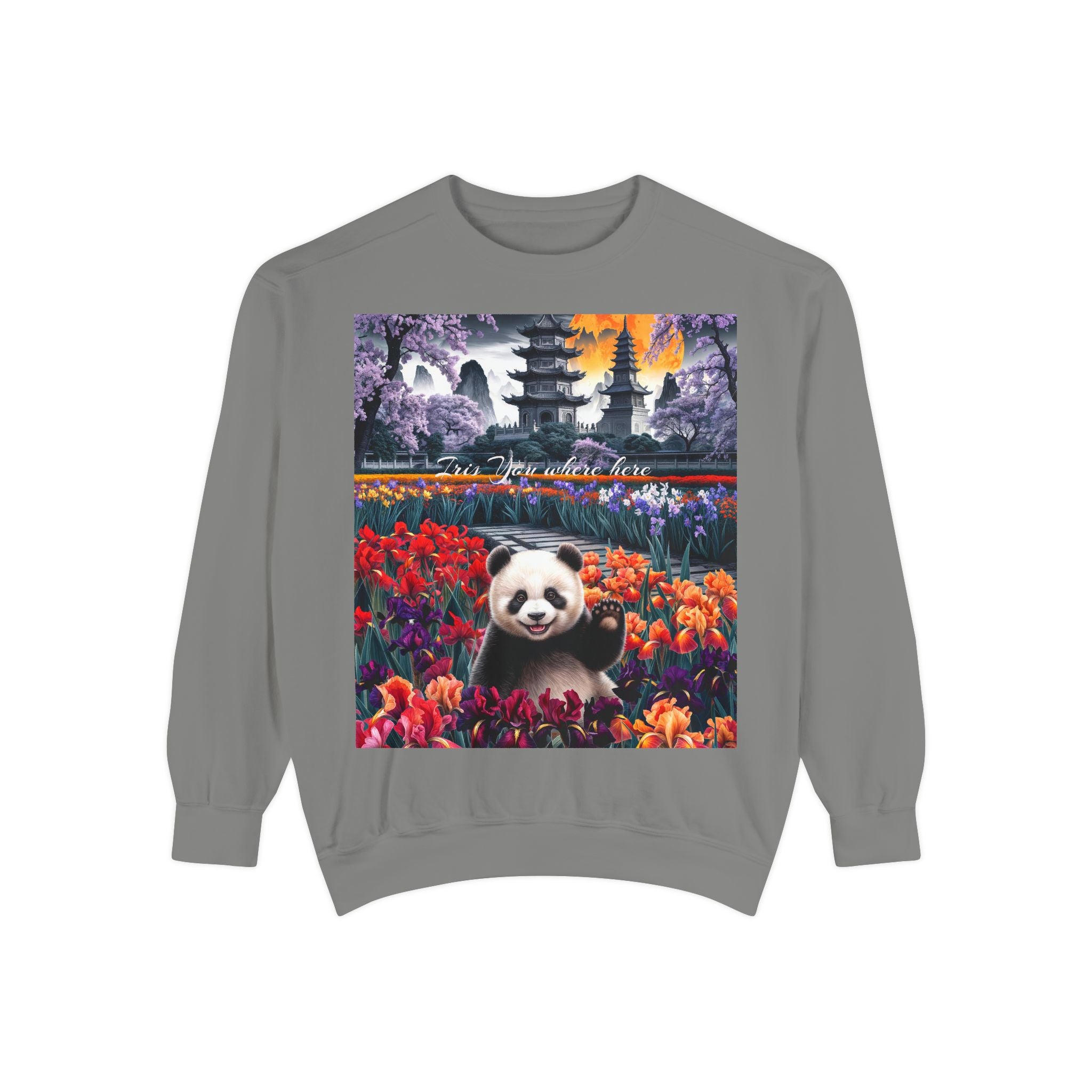 Whimsical Panda Sweatshirt - Cozy Unisex Garment-Dyed Pullover with Floral Design - Angel Body