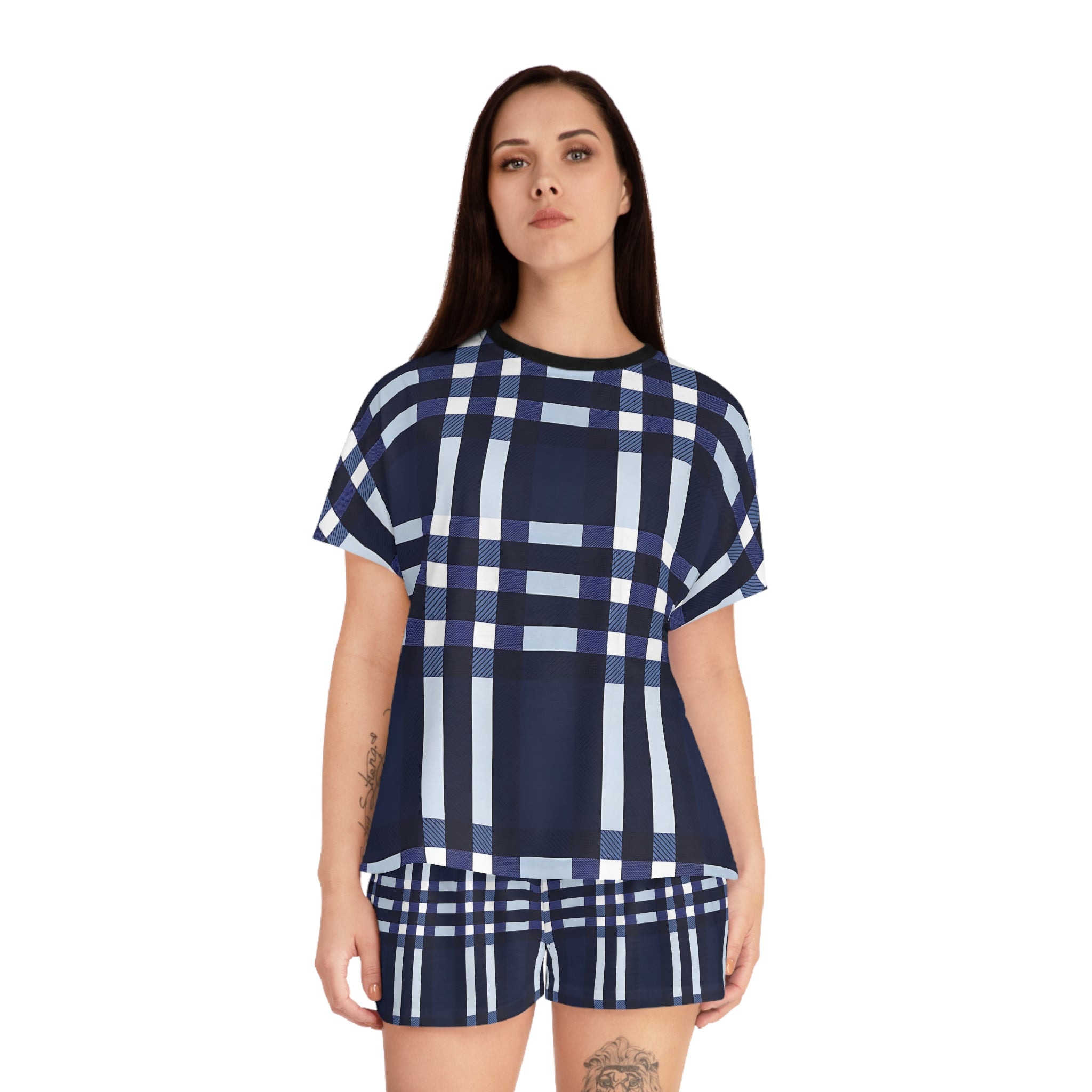 Cozy Women's Short Pajama Set - Navy Blue Plaid for Relaxing Nights - Angel Body