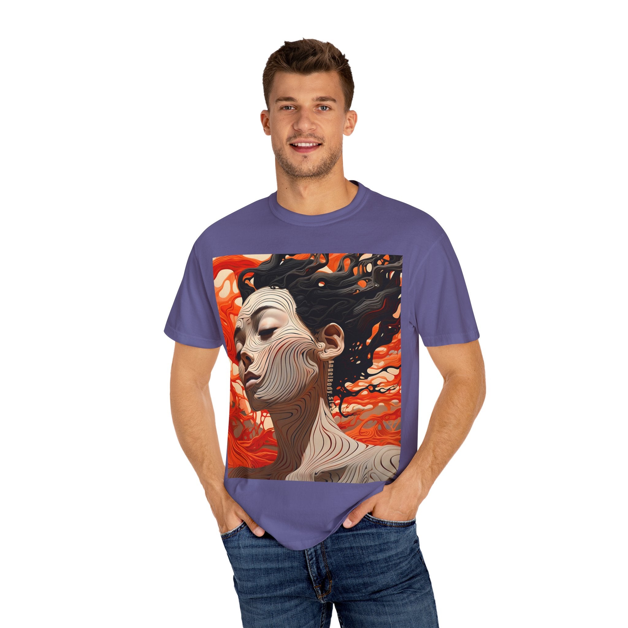 Artistic Unisex Garment-Dyed T-Shirt with Abstract female face Profile Design - Angel Body