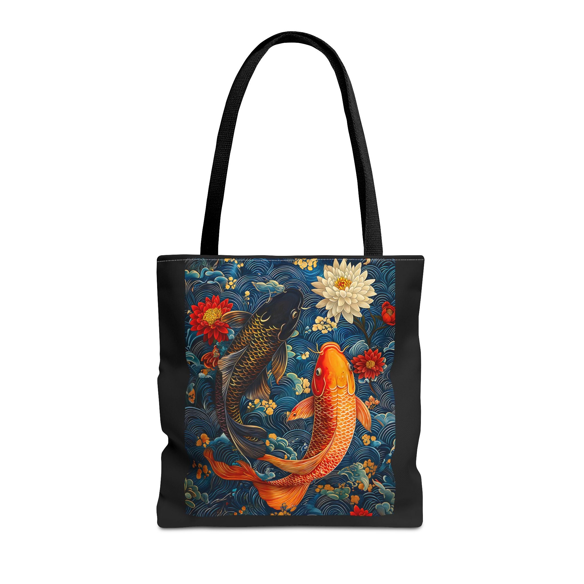 Elegant Koi Fish Tote Bag - Bright Blue Floral Design - Angel Body