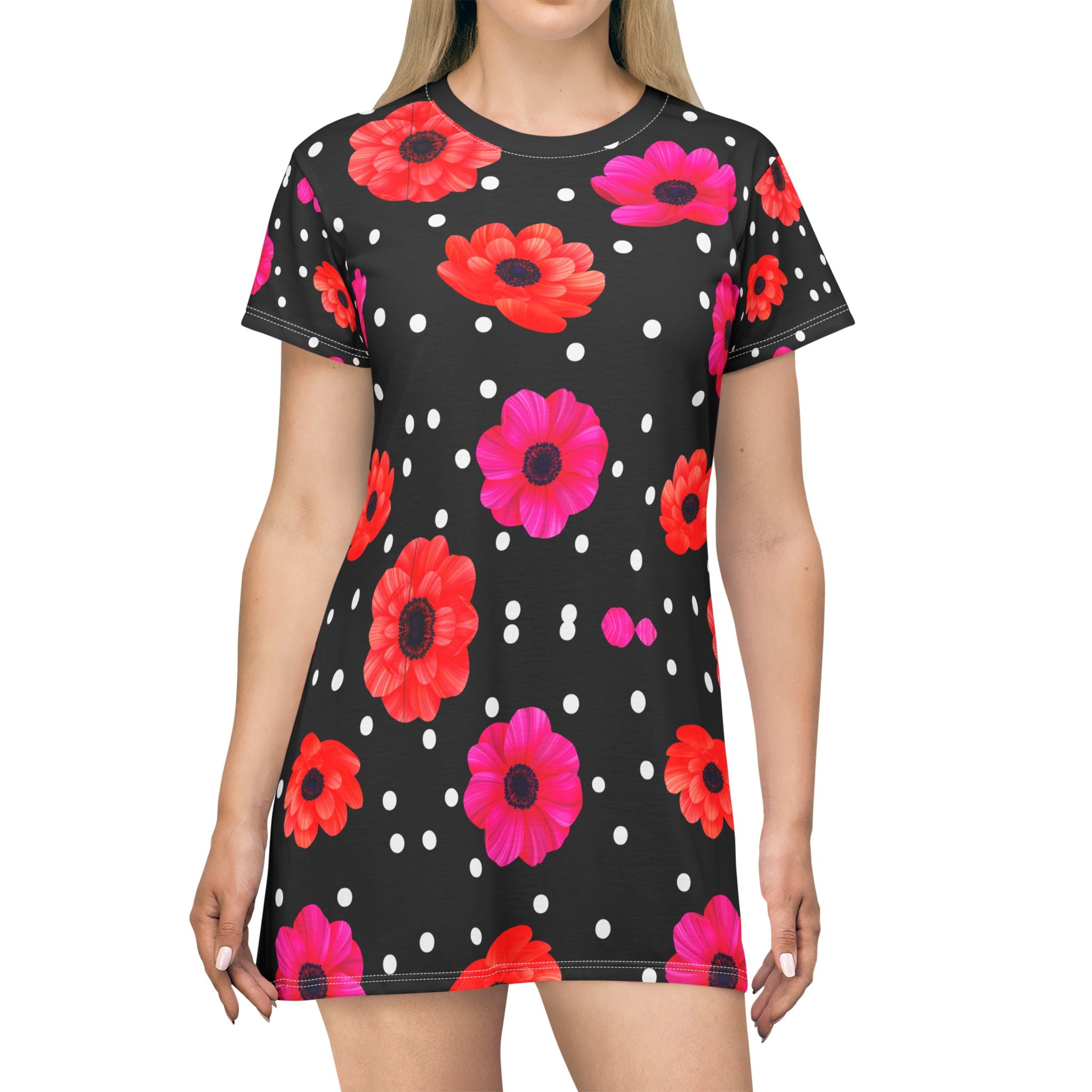 Floral Polka Dot T-Shirt Dress - Stylish Casual Wear for Spring & Summer - Angel Body