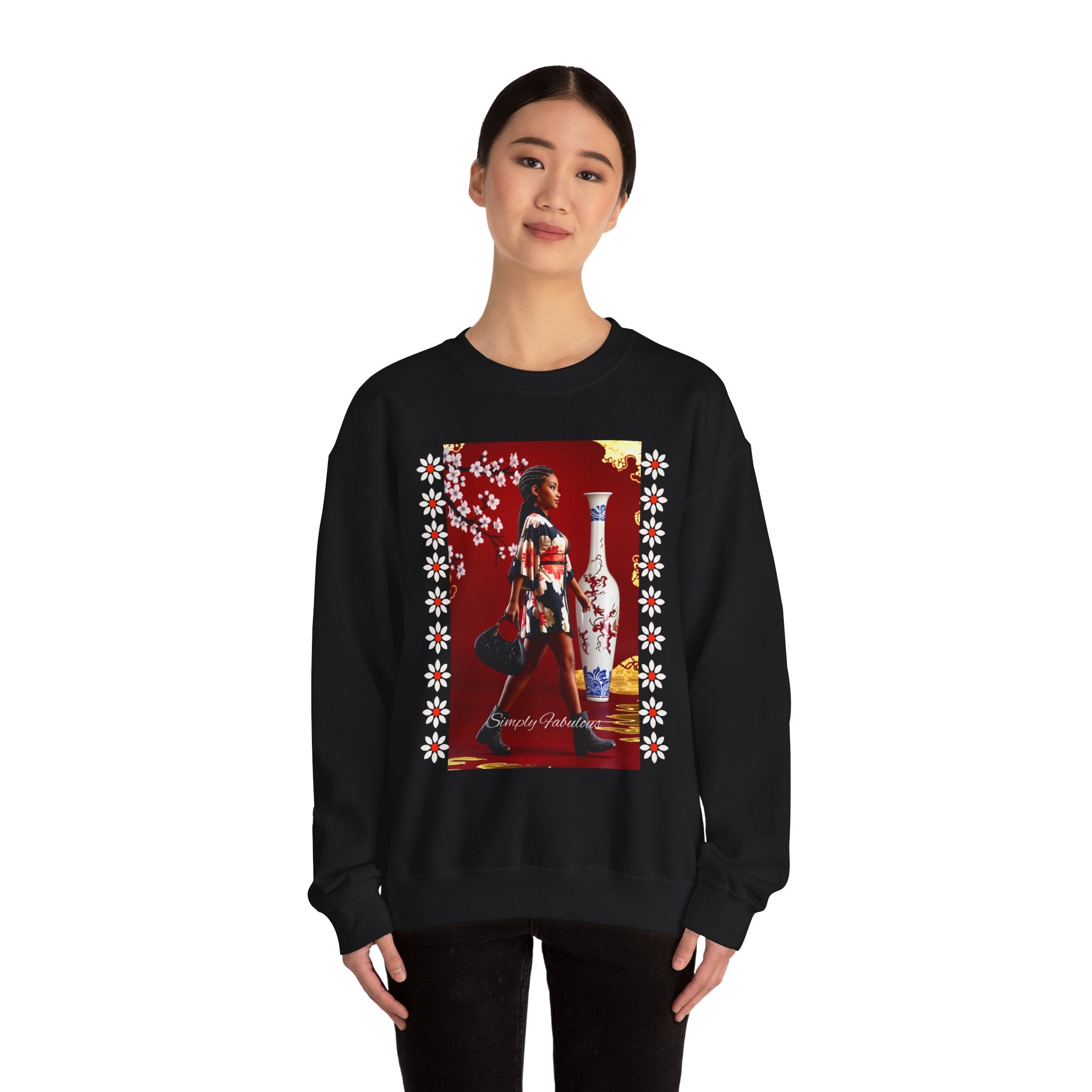 Elegant Asian-Inspired Graphic Crewneck Sweatshirt - Angel Body