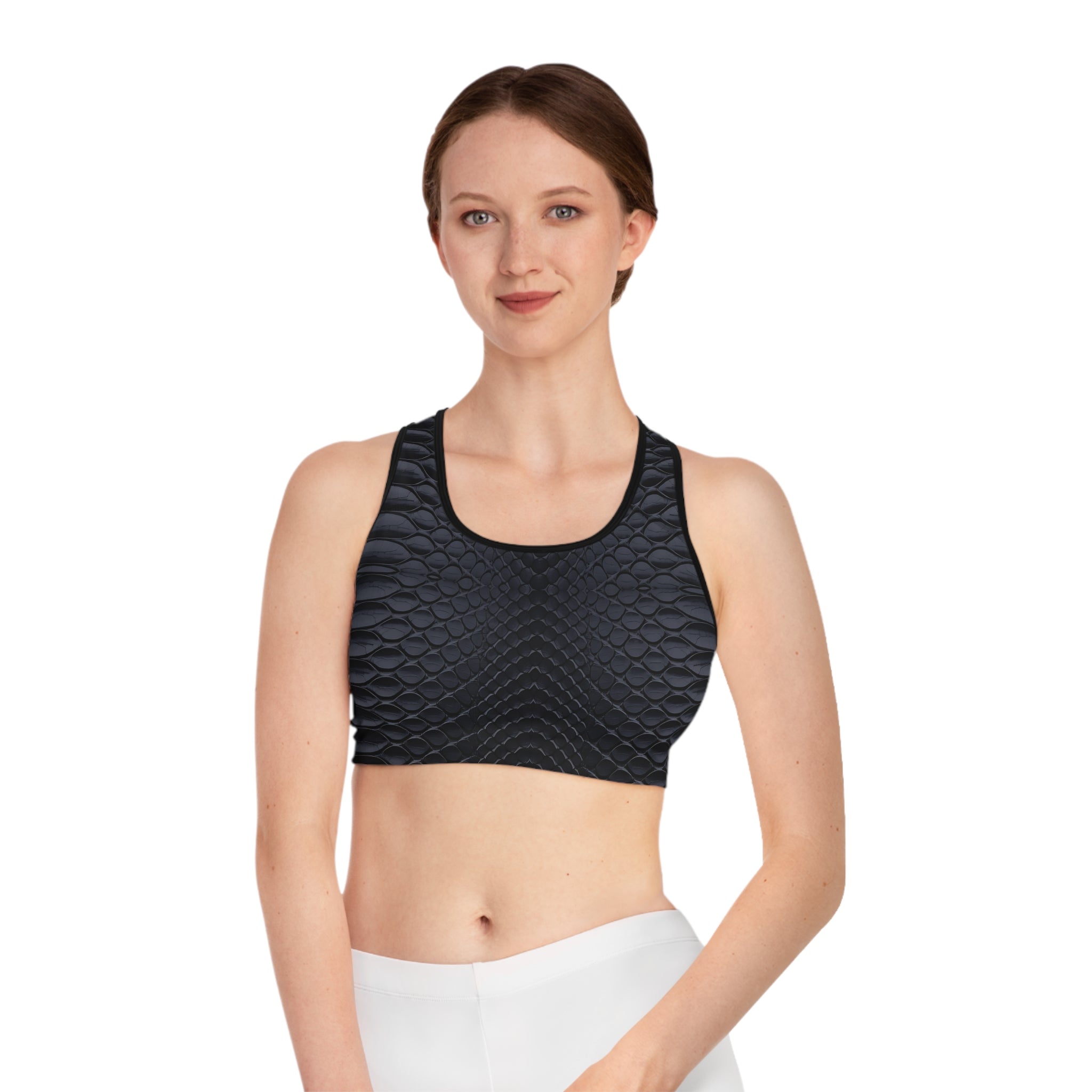 Sleek Black Snake Skin Sports Bra for Fitness Enthusiasts