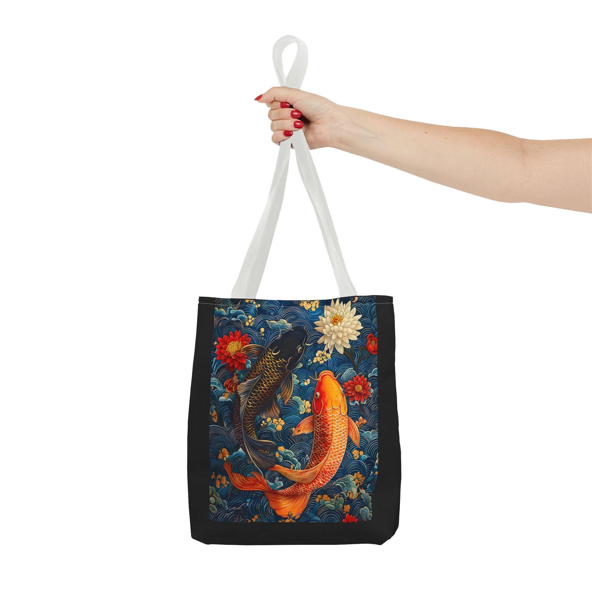Elegant Koi Fish Tote Bag - Bright Blue Floral Design - Angel Body
