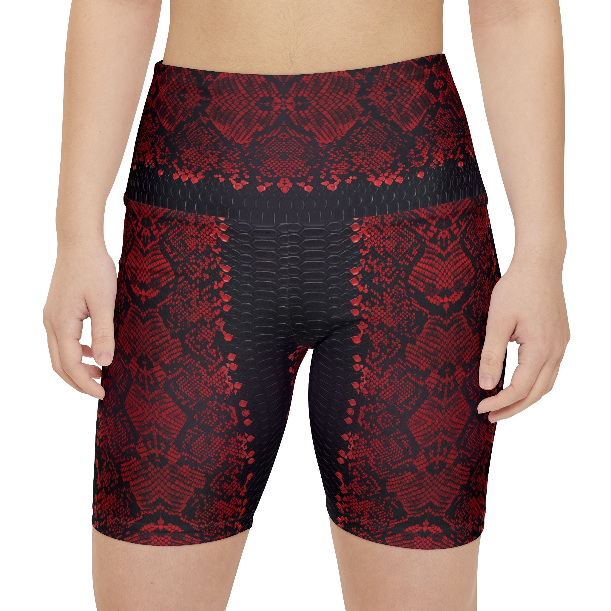 Bold Red Snake Print Women's Workout Shorts - Stylish Activewear for Fitness Enthusiasts