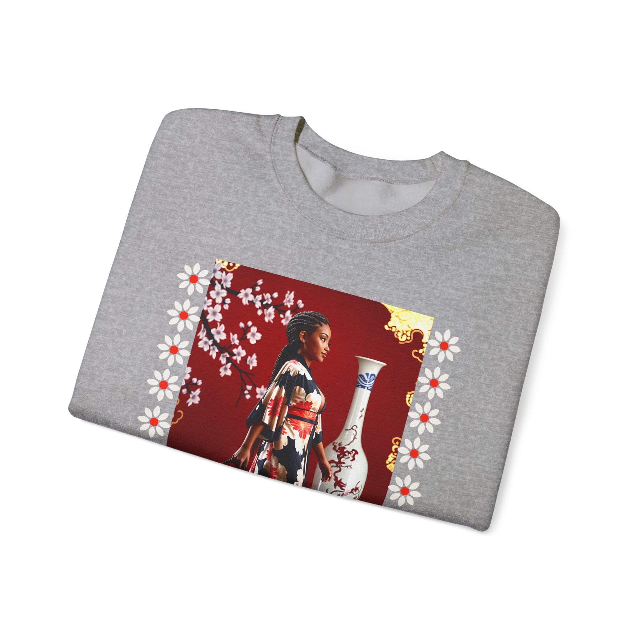 Elegant Asian-Inspired Graphic Crewneck Sweatshirt - Angel Body