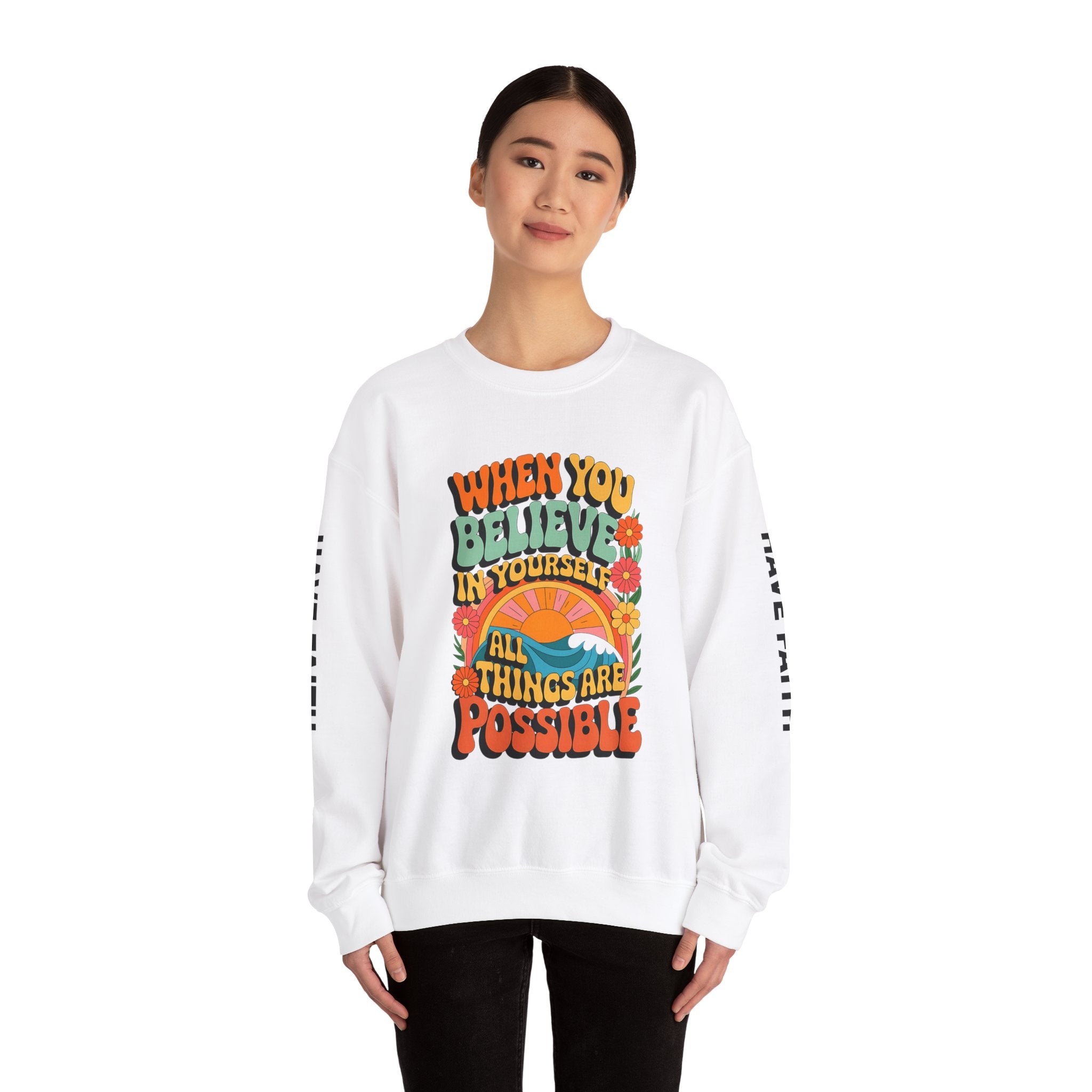 Inspirational Crewneck Sweatshirt - "Believe in Yourself" - Unisex Heavy Blend™ - Angel Body