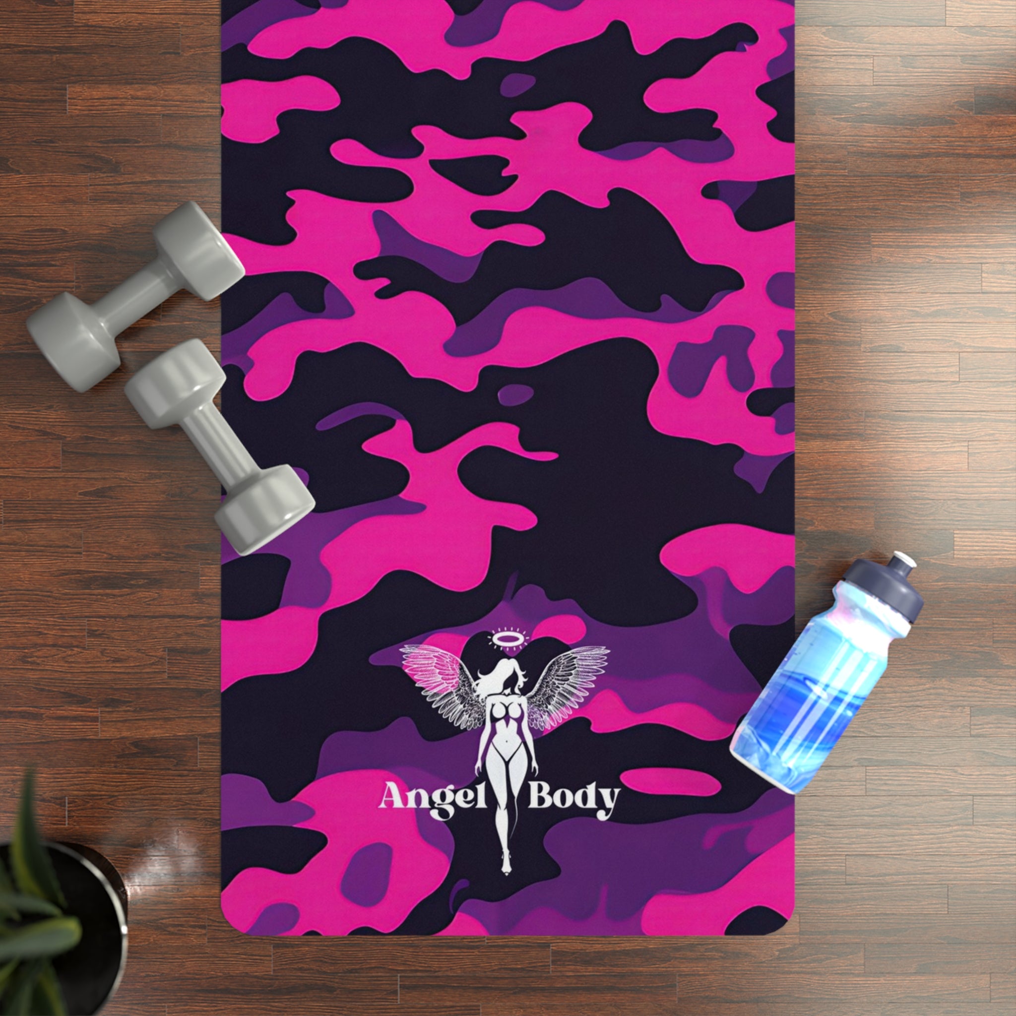 Vibrant Rubber Yoga Mat - Very Stylish Pink Camo Design for Fitness Generously sized: 24" x 70" for ample space - Angel Body
