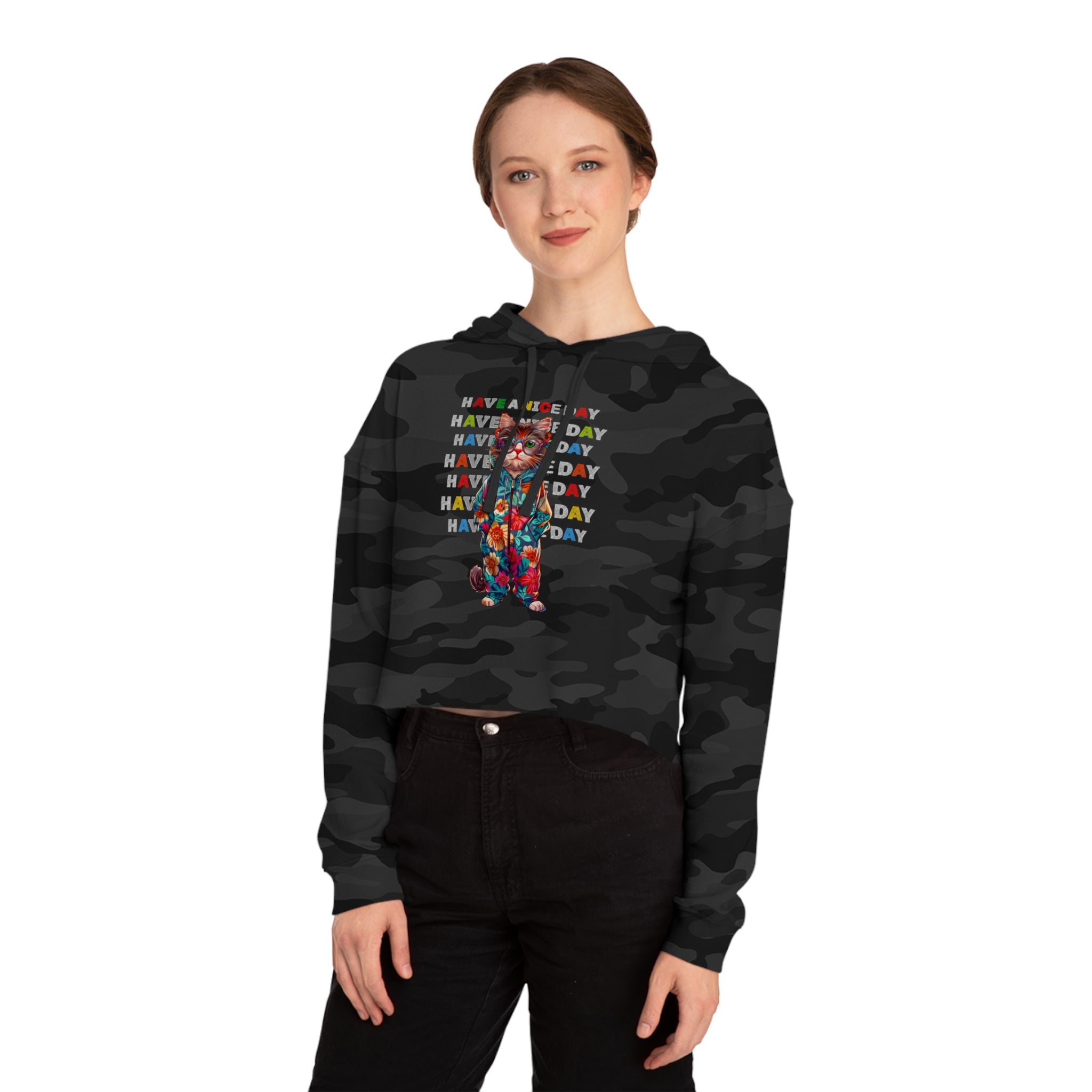 Floral Cat Women’s Cropped Hoodie - 'Have a Nice Day' Tie-Dye Sweatshirt - Angel Body