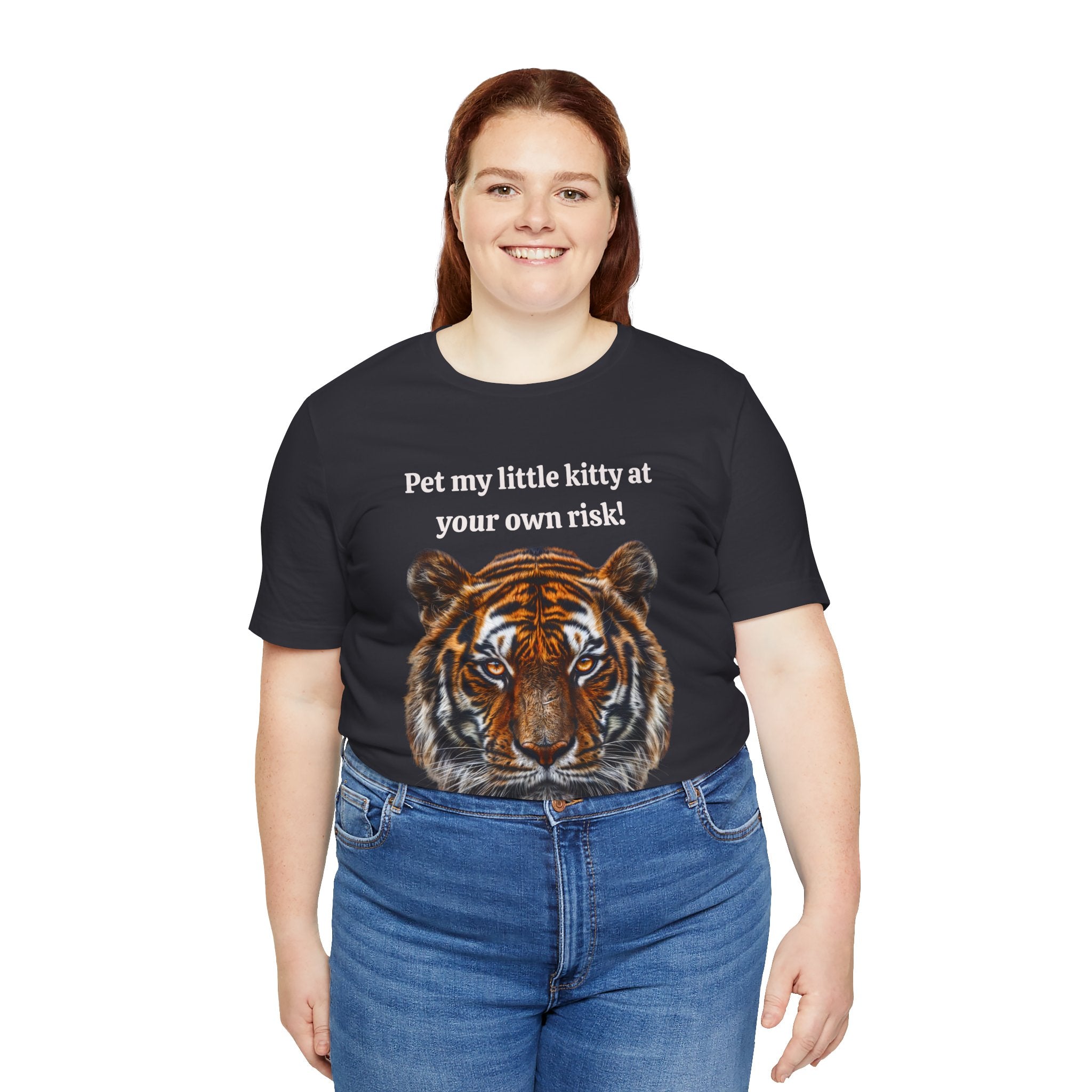 Unisex Jersey Short Sleeve Fun Tiger Print Tee: Pet my little kitty at your own risk - Angel Body
