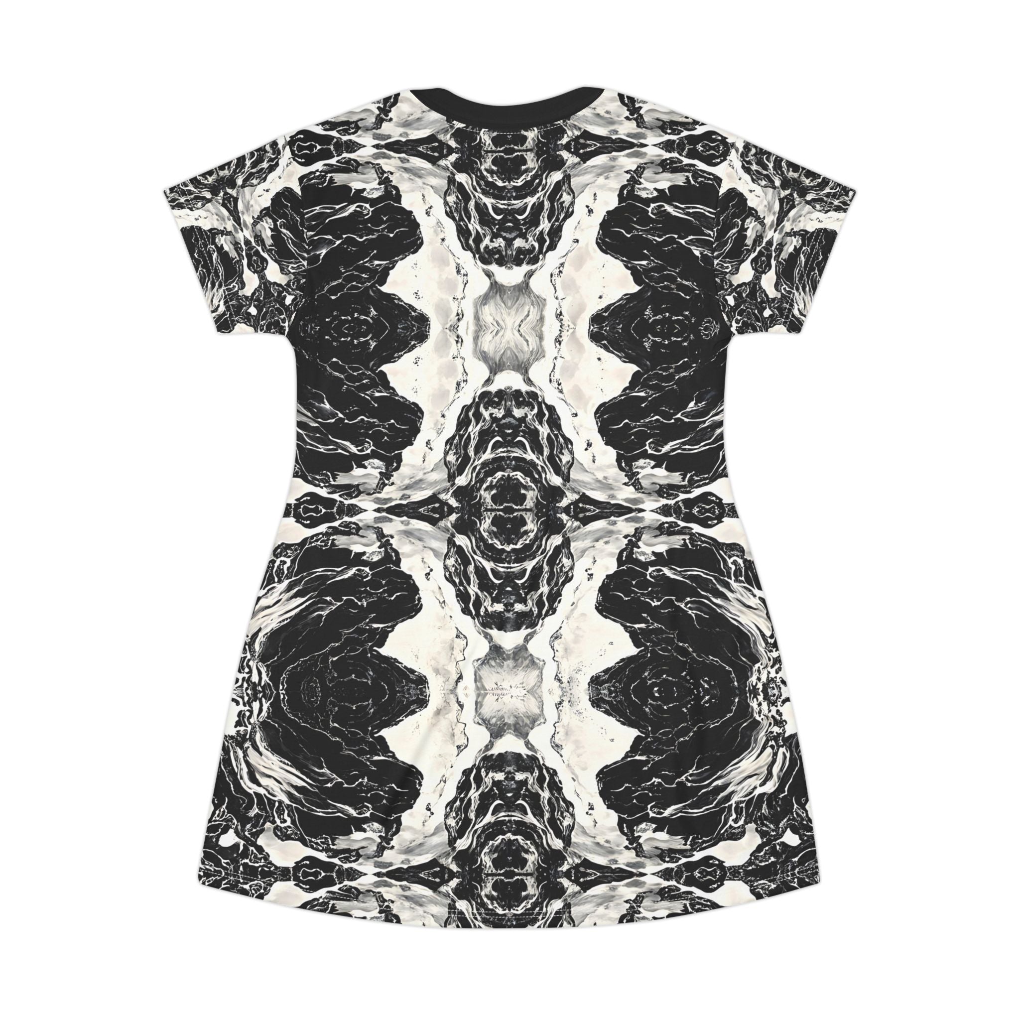 Woman Bohemian Floral T-Shirt Dress - Black & White Abstract Design for Summer Days - Angel Body