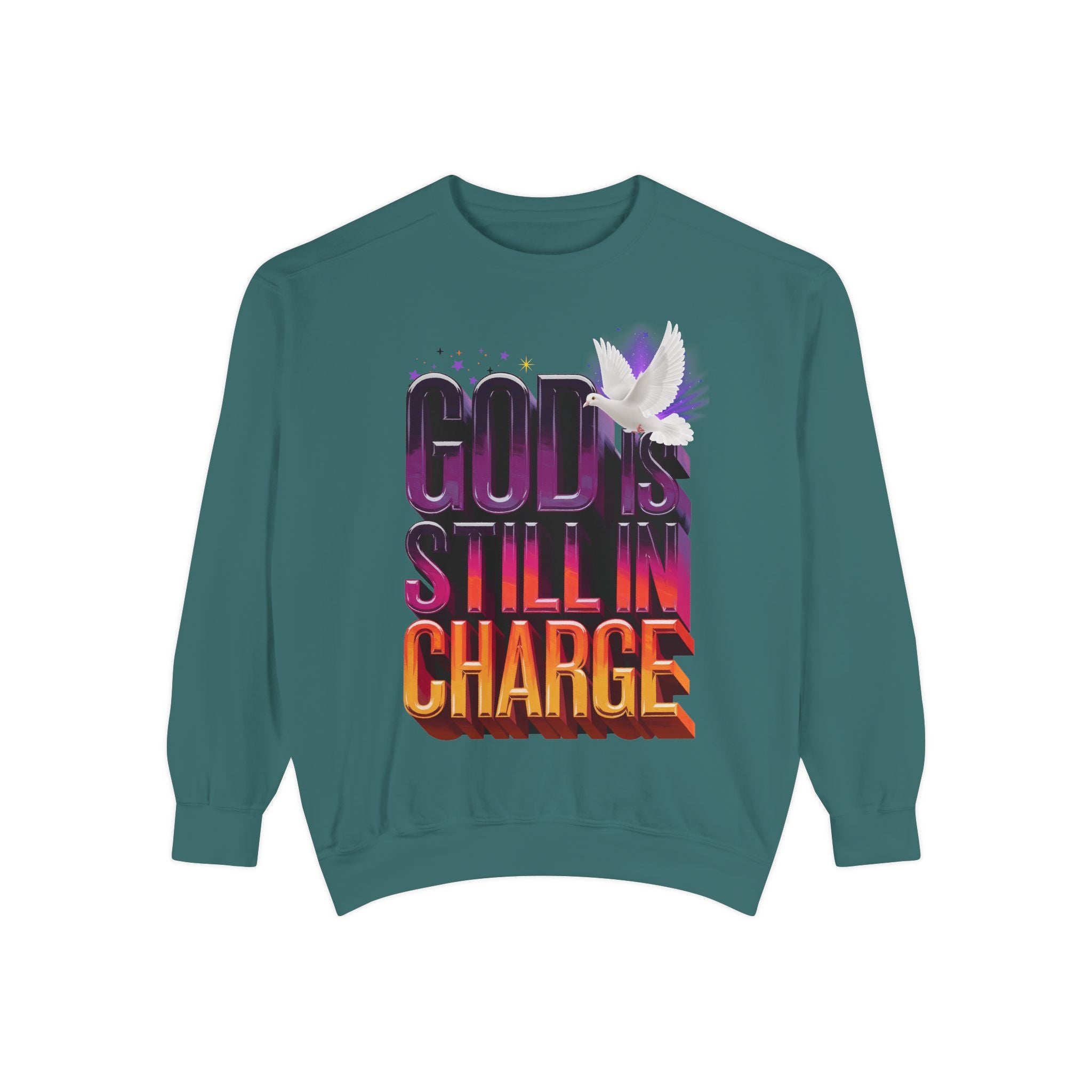 Unisex Garment-Dyed Sweatshirt - "God is Still in Charge" Inspirational Pullover - Angel Body