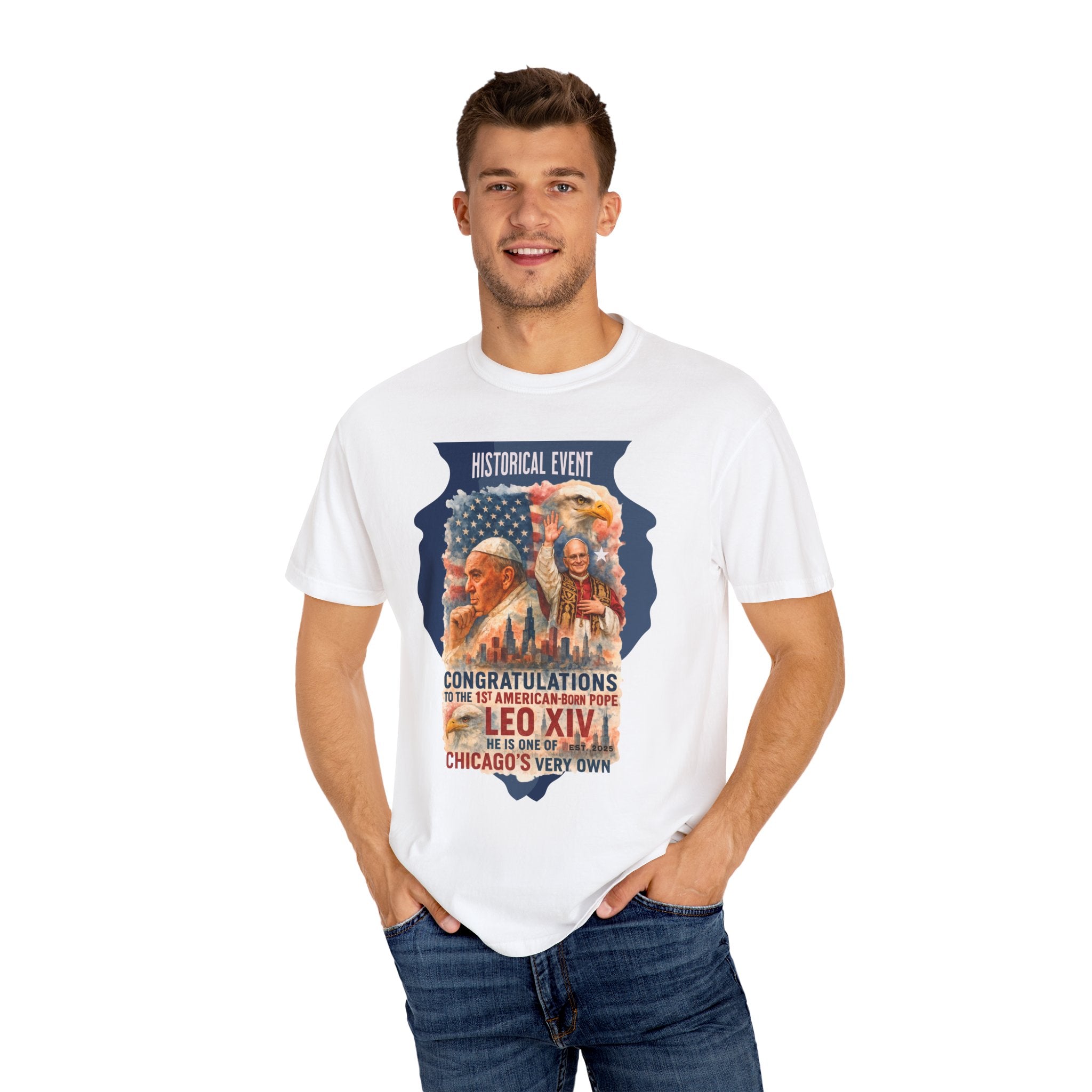 Historical Event T-Shirt - Congratulations to Leo XIV, Chicago's Own - Unisex Garment-Dyed Tee - Angel Body