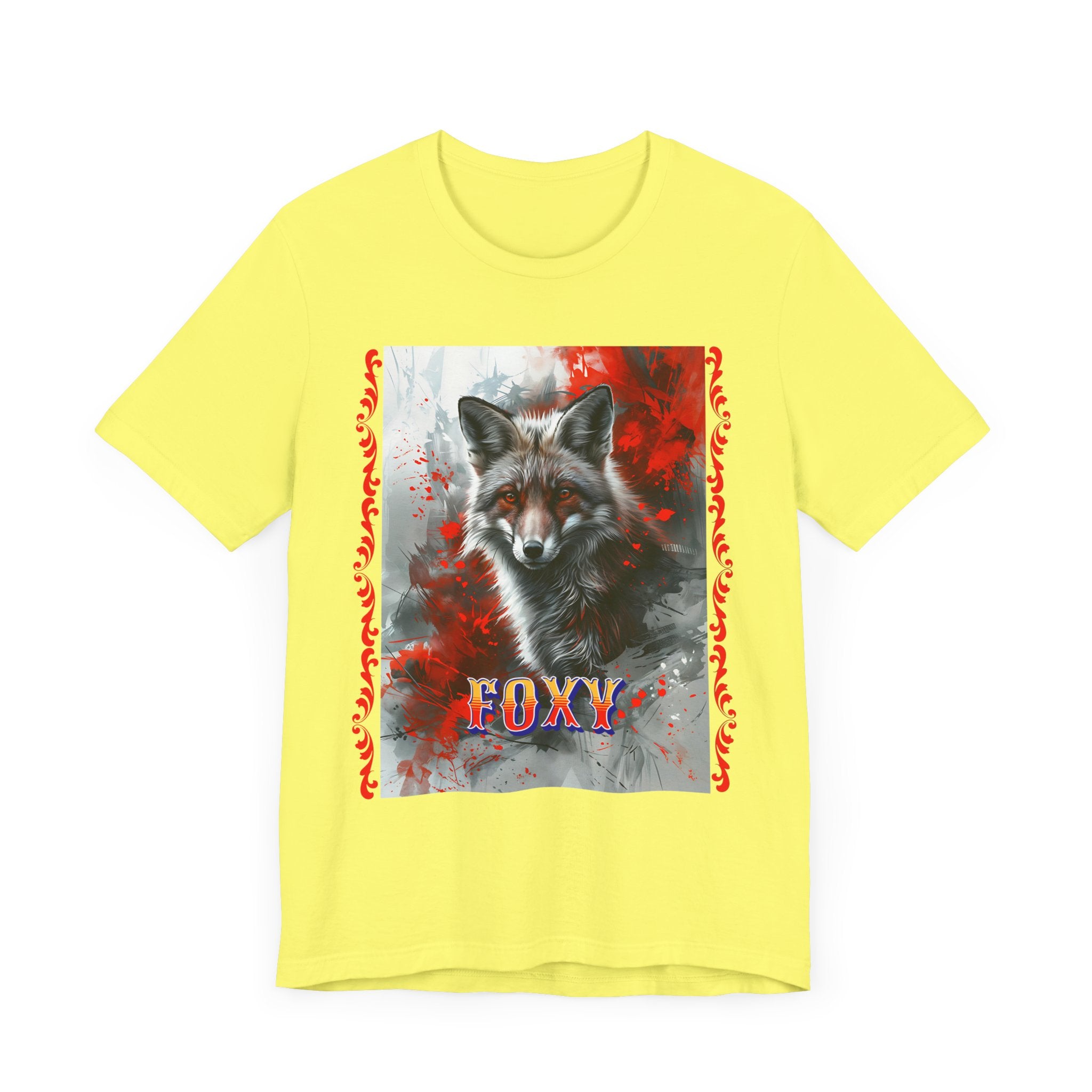 Unisex Jersey Short Sleeve Tee: A lovely painting design of a Red Fox with the word FOXY - Angel Body