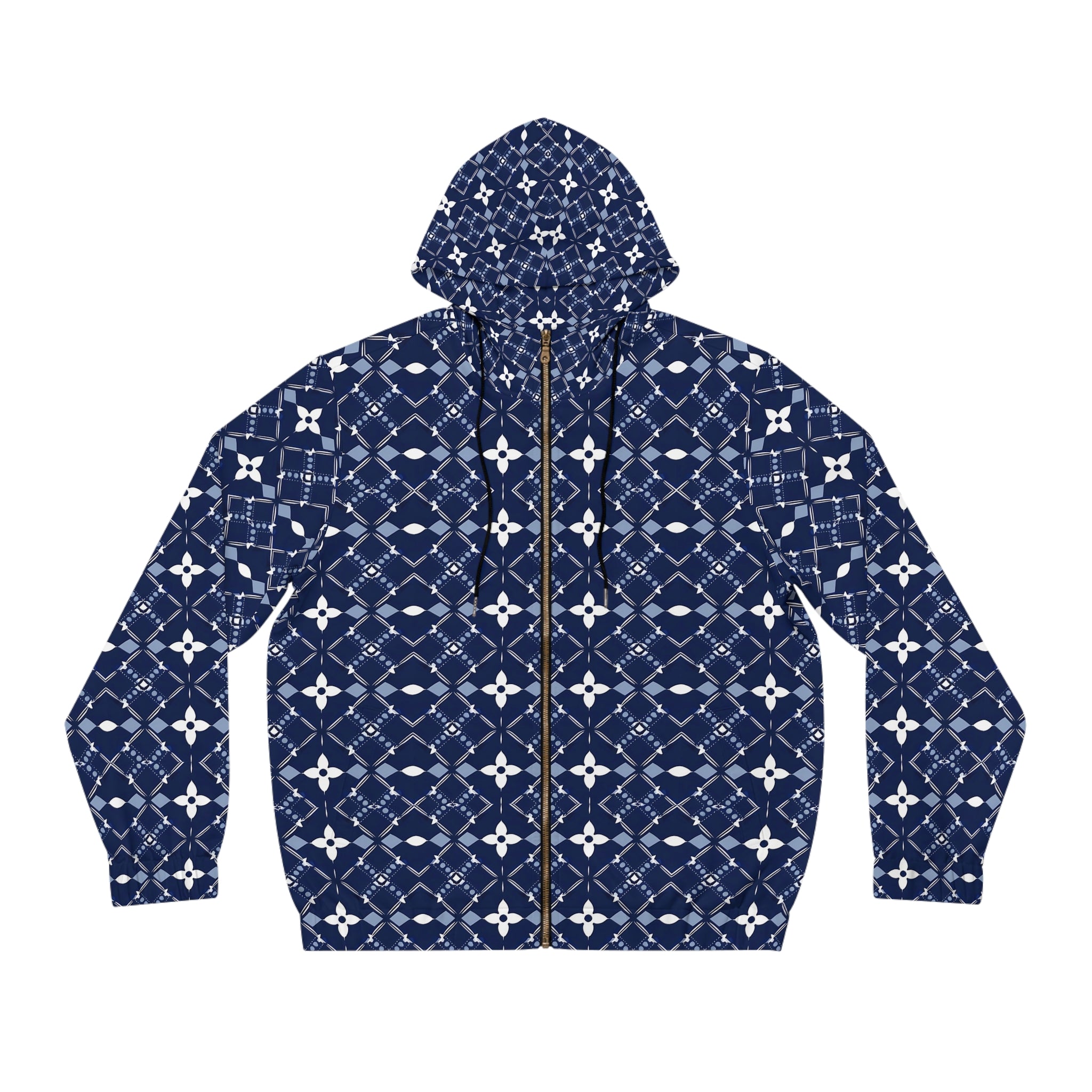 Navy Blue Geometric Pattern Full-Zip Hoodie - Comfortable & Stylish for Men - Angel Body