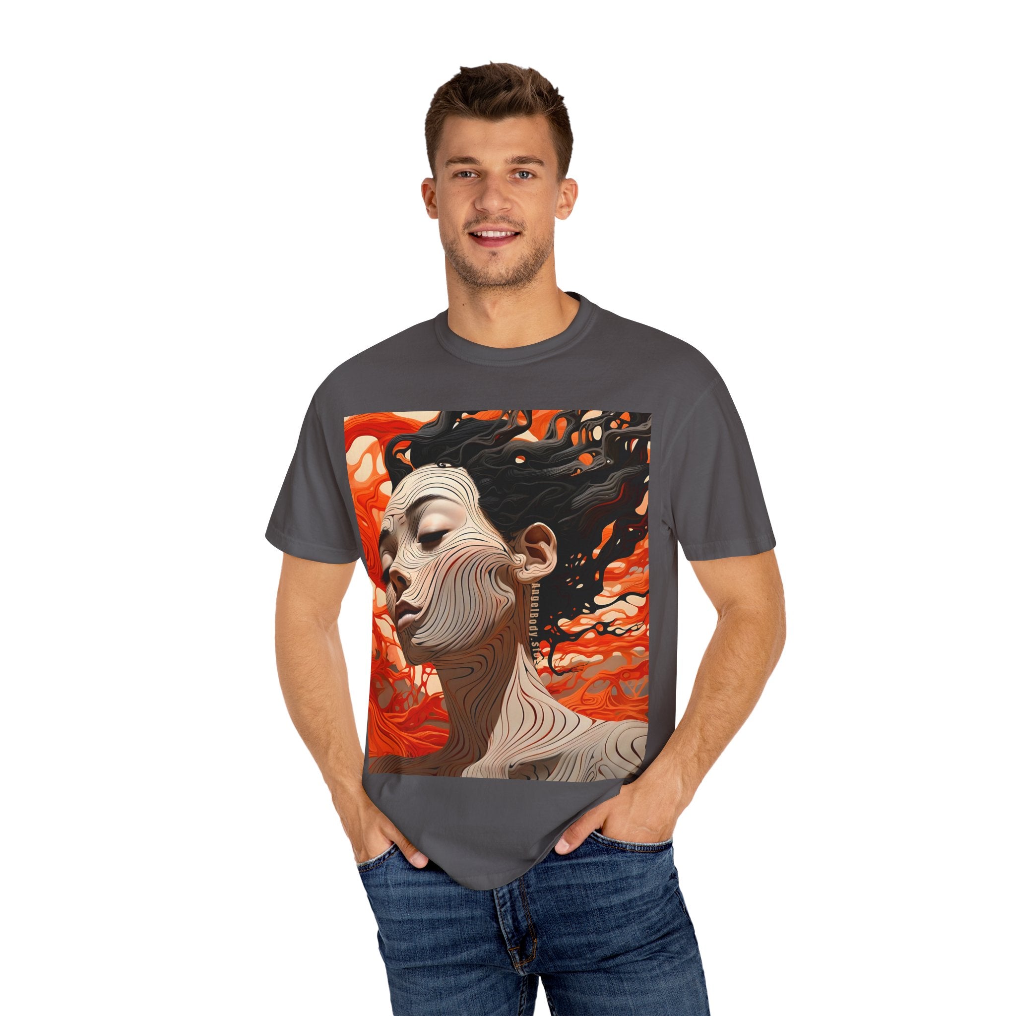 Artistic Unisex Garment-Dyed T-Shirt with Abstract female face Profile Design - Angel Body