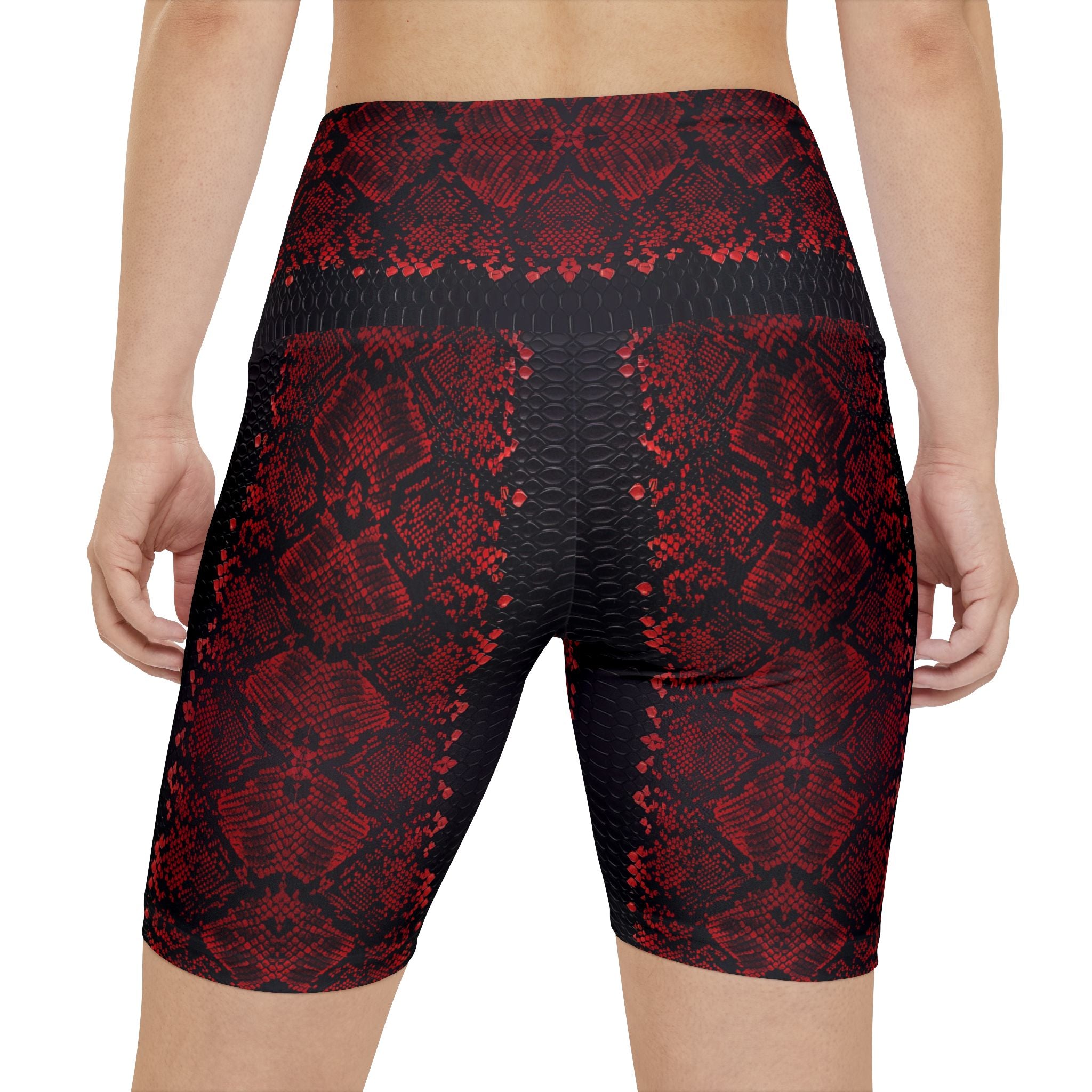 Bold Red Snake Print Women's Workout Shorts - Stylish Activewear for Fitness Enthusiasts