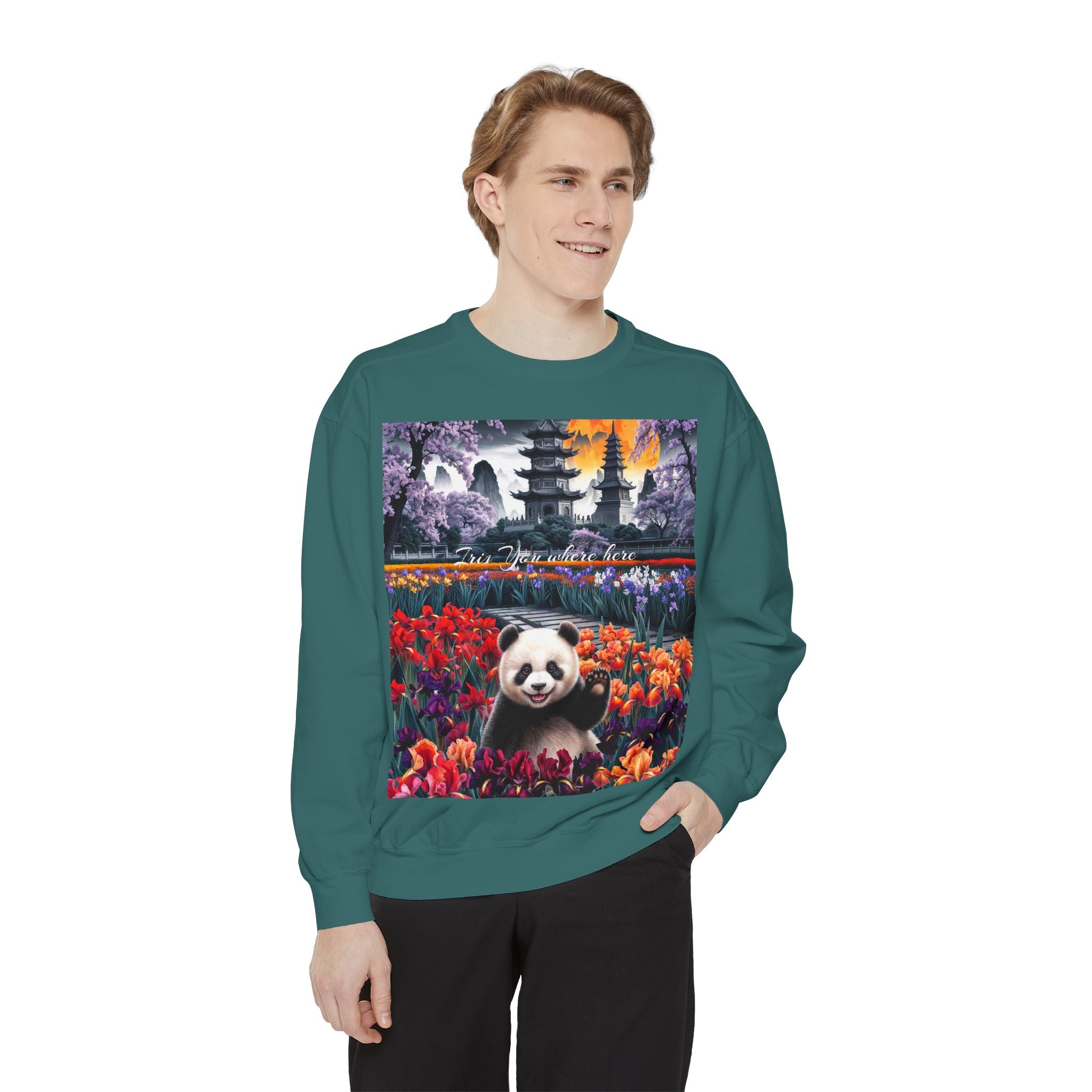 Whimsical Panda Sweatshirt - Cozy Unisex Garment-Dyed Pullover with Floral Design - Angel Body