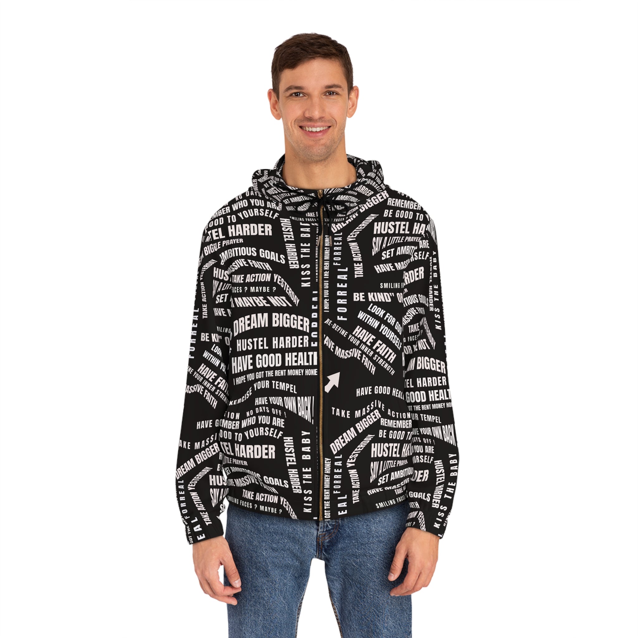 Motivational Men's Full-Zip Hoodie - Hustle Harder & Dream Bigger Design - Angel Body