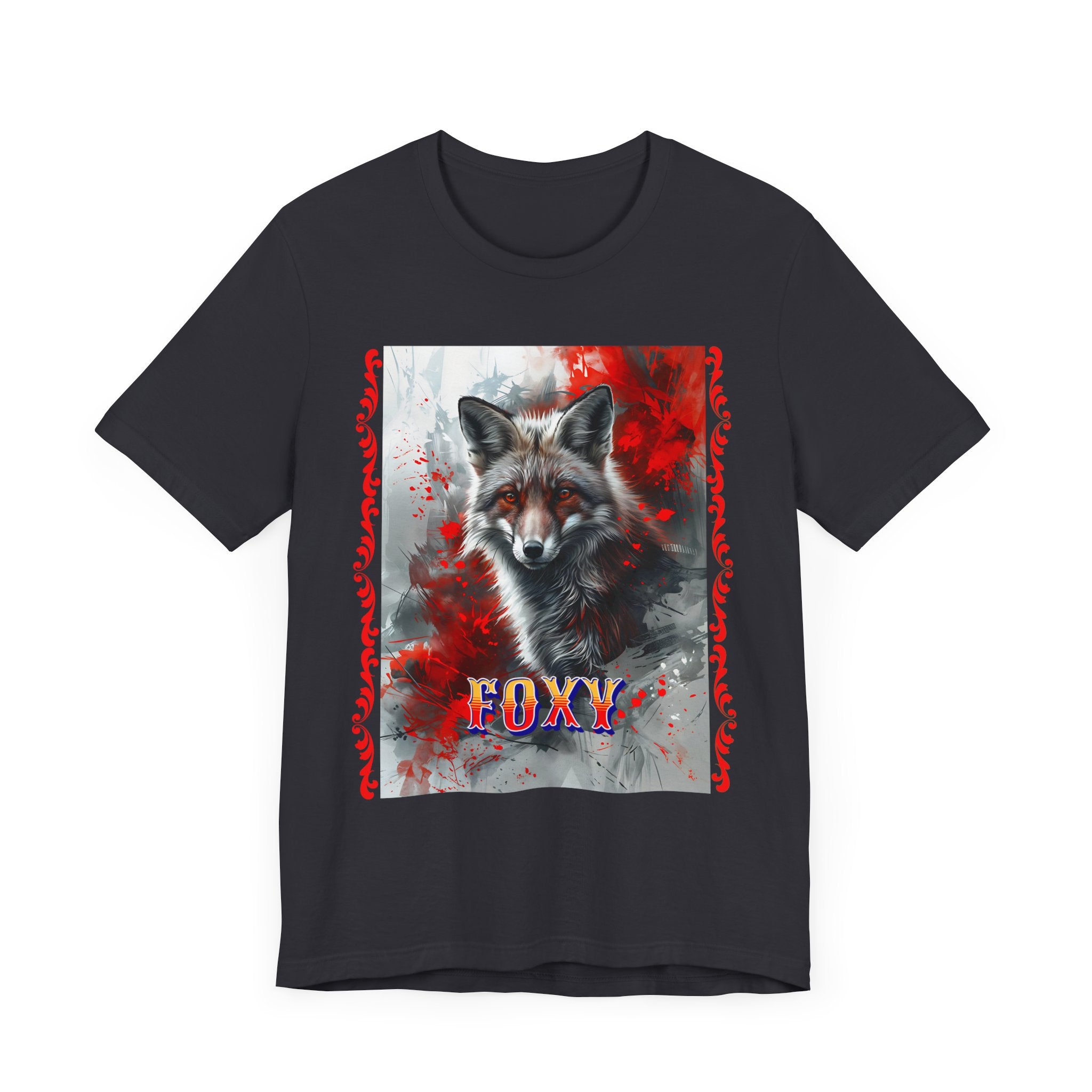 Unisex Jersey Short Sleeve Tee: A lovely painting design of a Red Fox with the word FOXY - Angel Body
