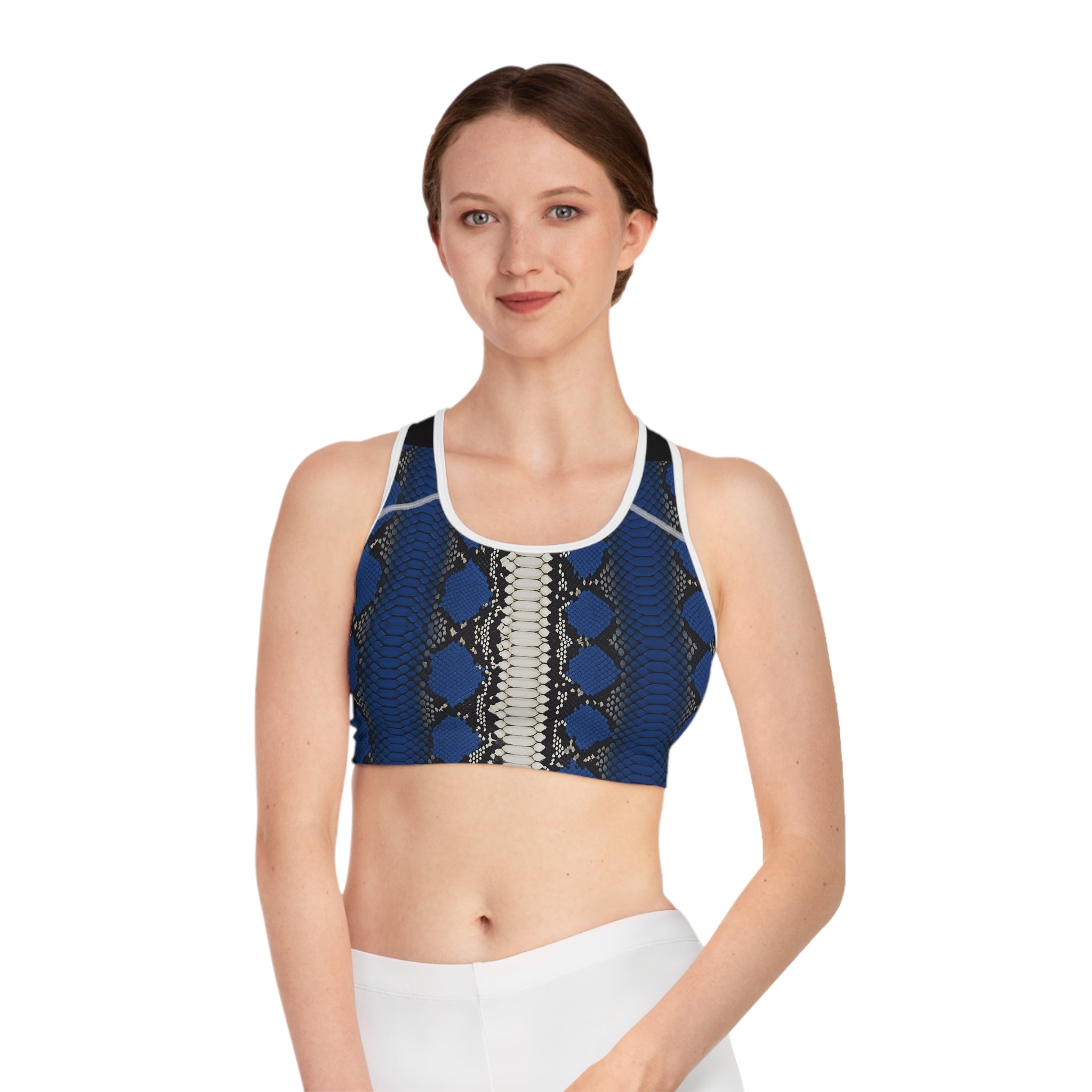 Blue Python Print Sports Bra - Fashionable Activewear for Workout & Gym