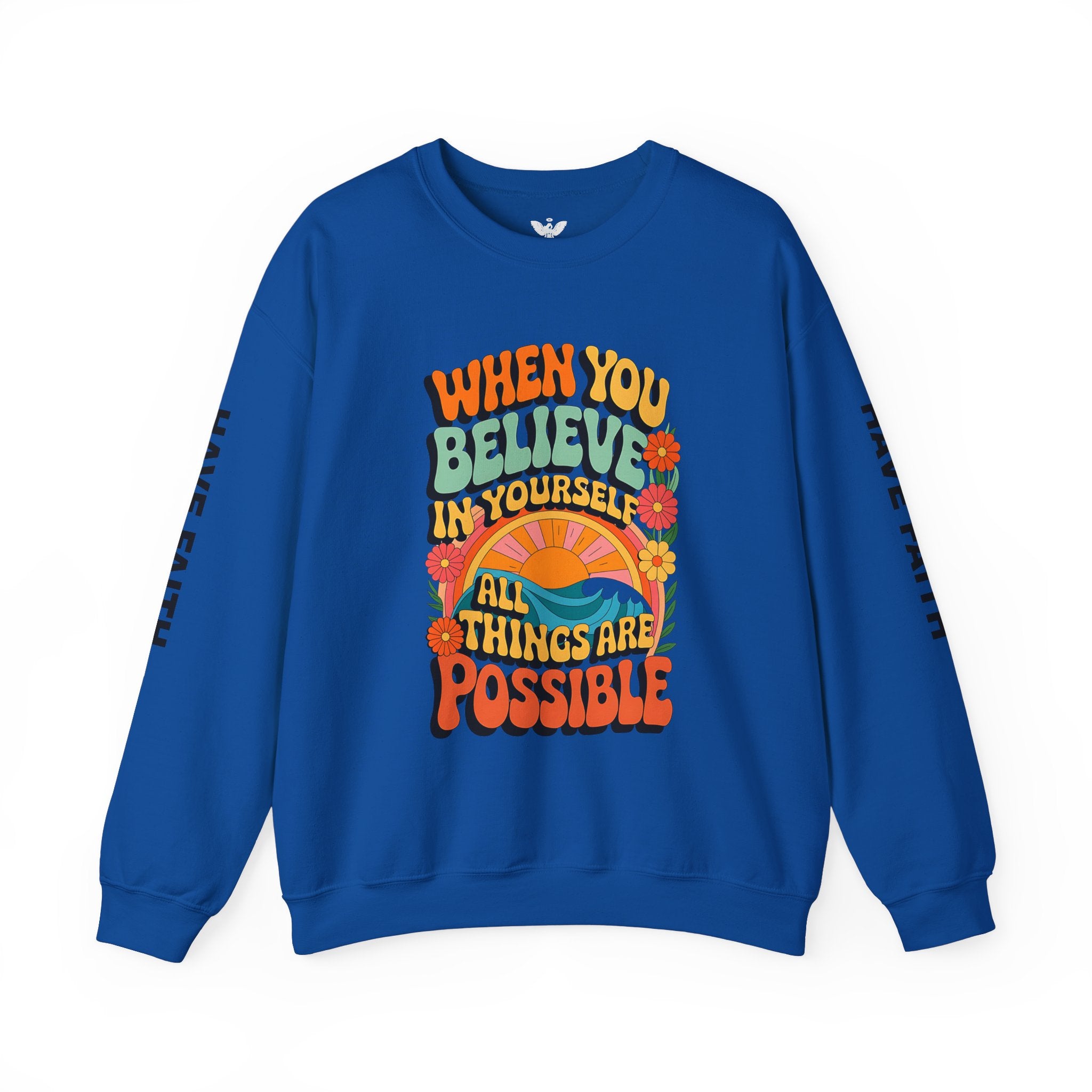 Inspirational Crewneck Sweatshirt - "Believe in Yourself" - Unisex Heavy Blend™ - Angel Body