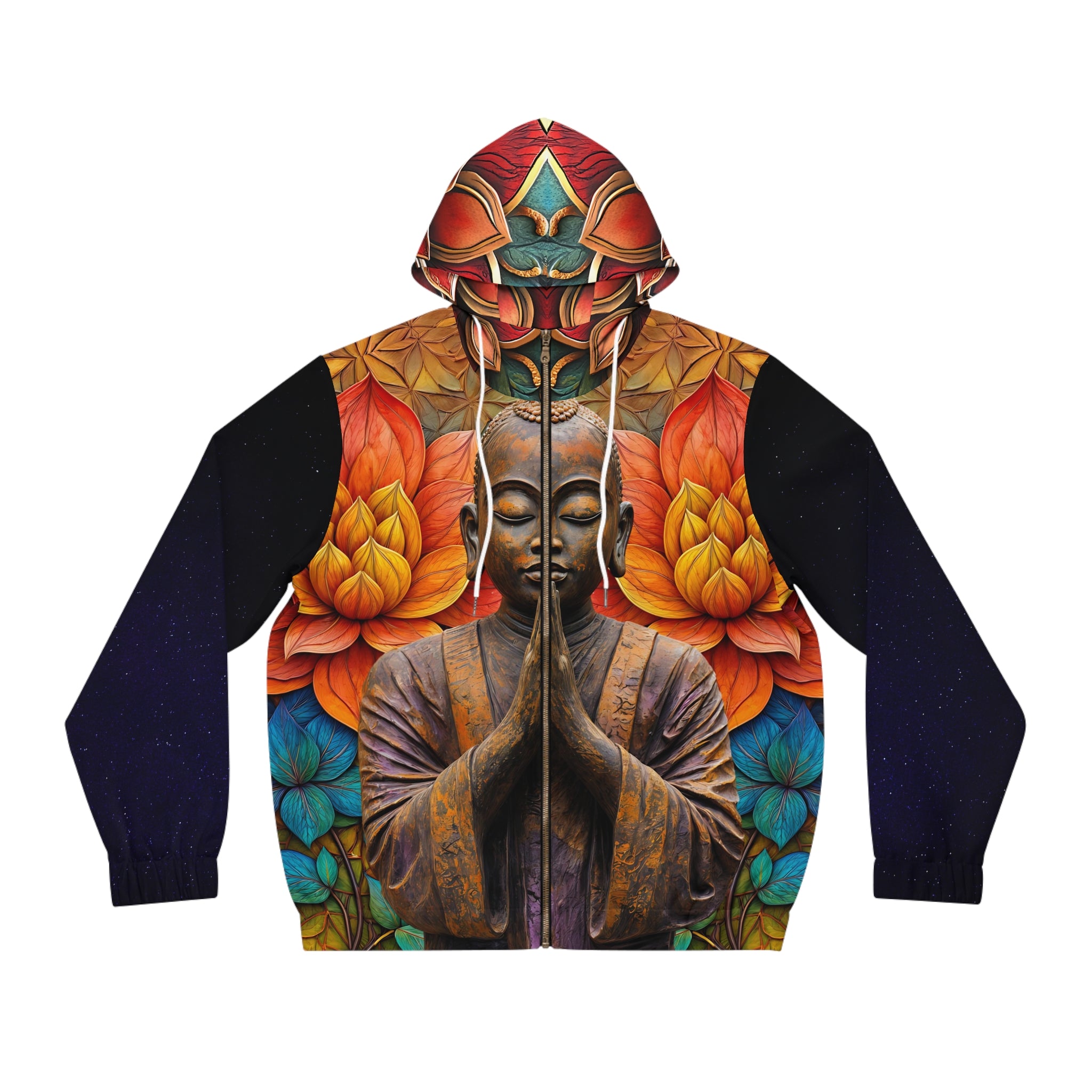 Men's Full-Zip Hoodie - Serene Buddha Floral Design - Angel Body