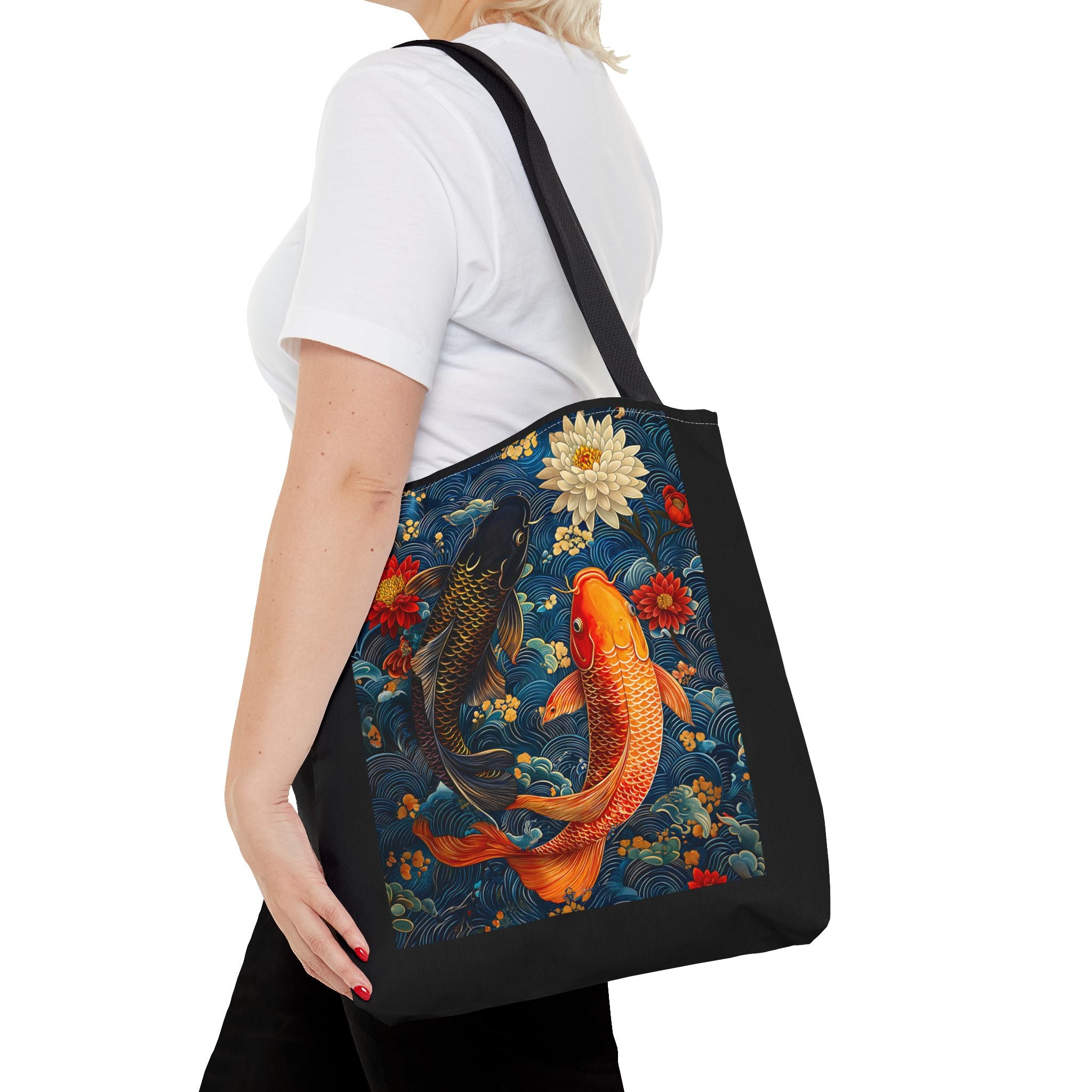 Elegant Koi Fish Tote Bag - Bright Blue Floral Design - Angel Body