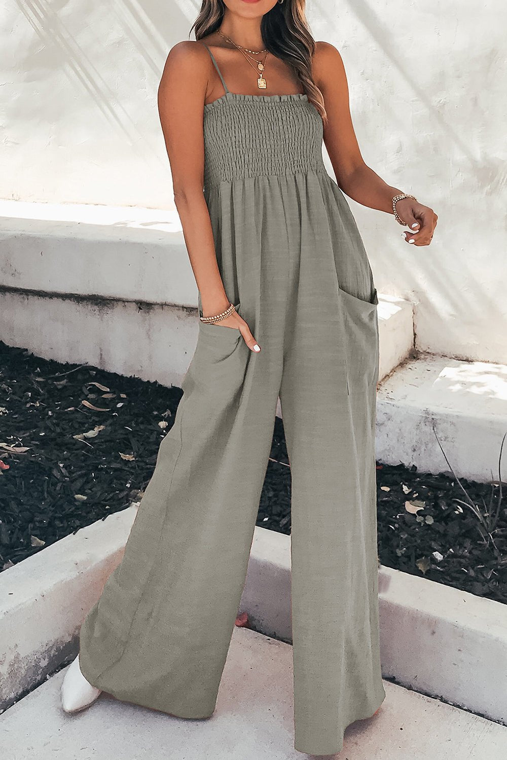 Smocked Spaghetti Strap Wide Leg Jumpsuit - Angel Body