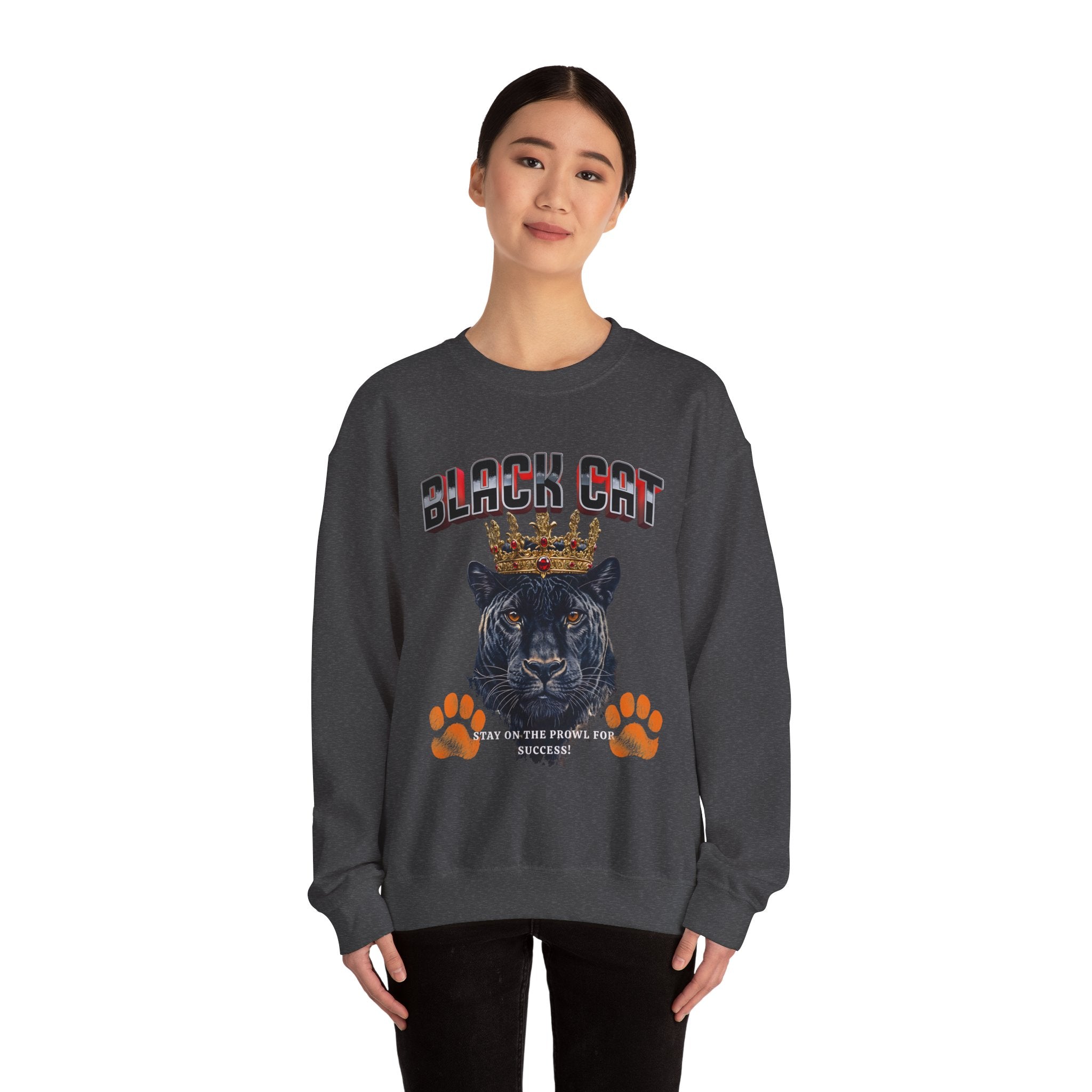 Black Cat Crowned Sweatshirt - Unisex Heavy Blend™, Stay on the Prowl for Success! - Angel Body
