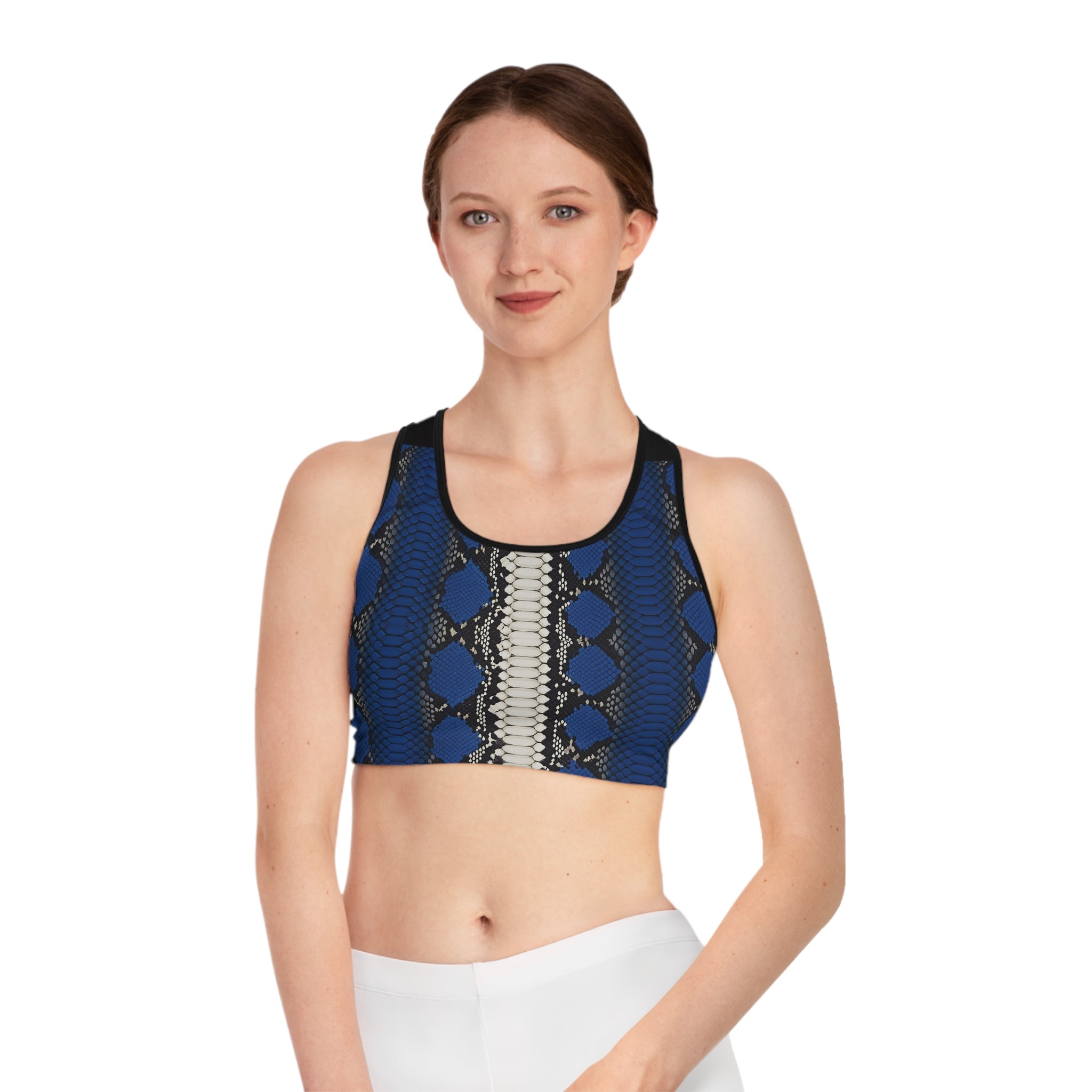 Blue Python Print Sports Bra - Fashionable Activewear for Workout & Gym