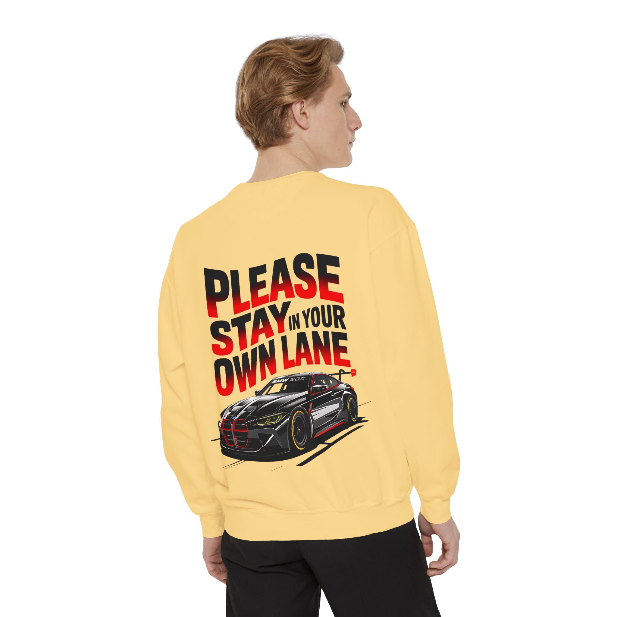 Unisex Garment-Dyed Sweatshirt - 'Please Stay In Your Own Lane' Racing Design - Angel Body