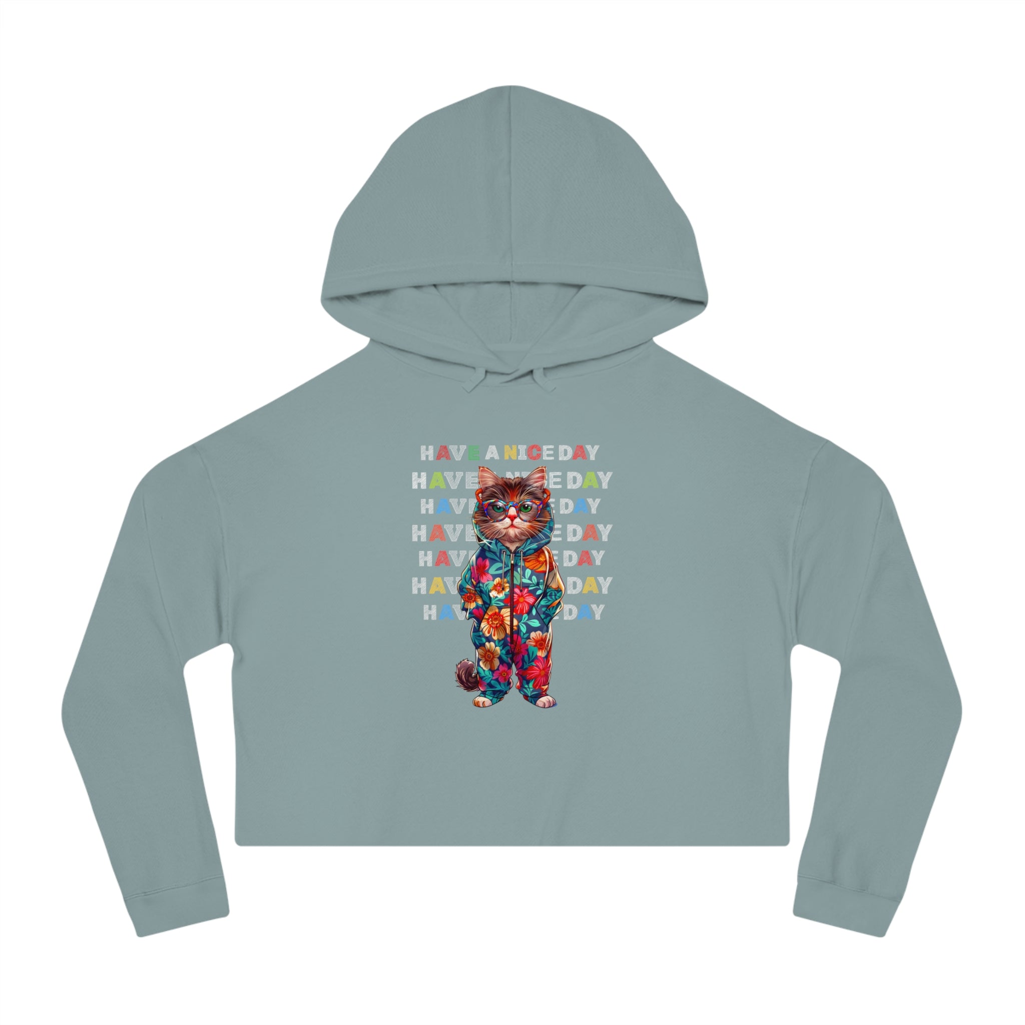 Floral Cat Women’s Cropped Hoodie - 'Have a Nice Day' Tie-Dye Sweatshirt - Angel Body