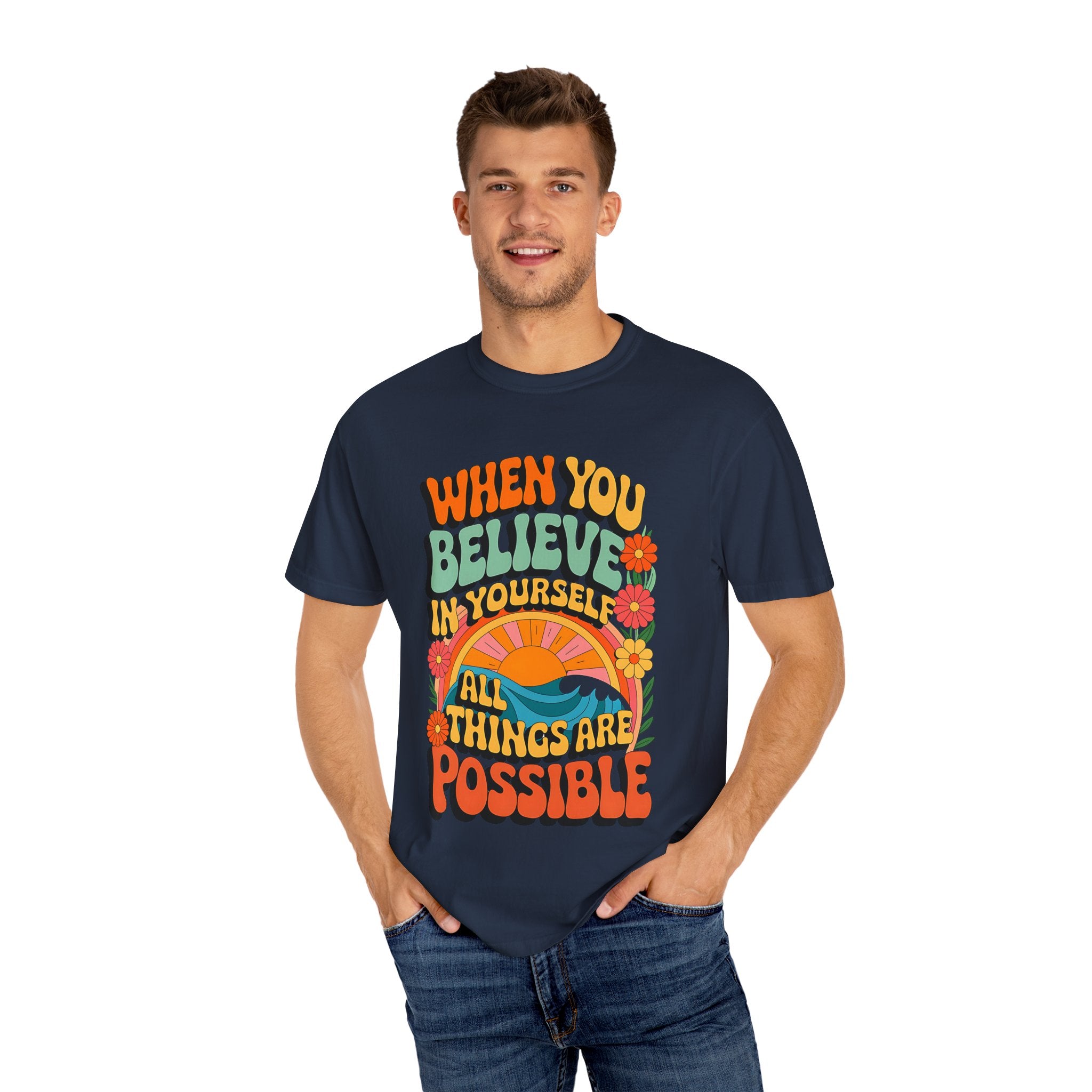 Motivational Unisex Garment-Dyed T-Shirt - 'Believe in Yourself' Design - Angel Body