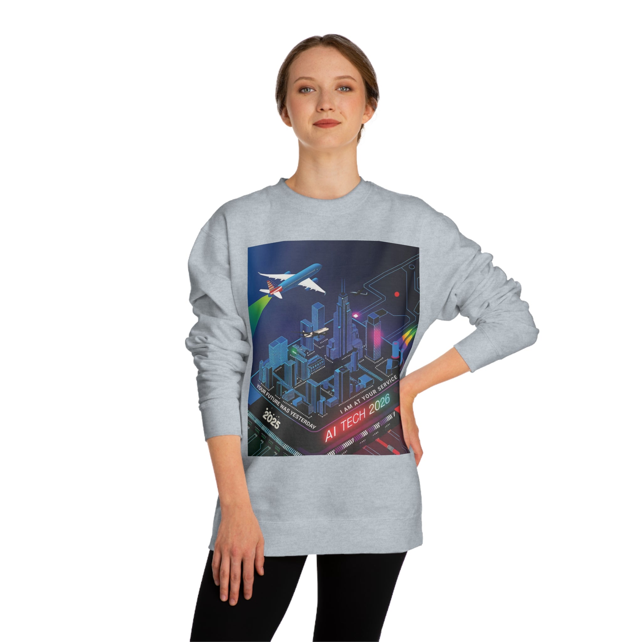 AI Tech 2026 Unisex Crew Neck Sweatshirt - Futuristic Cityscape Design for Tech Enthusiasts - Angel Body