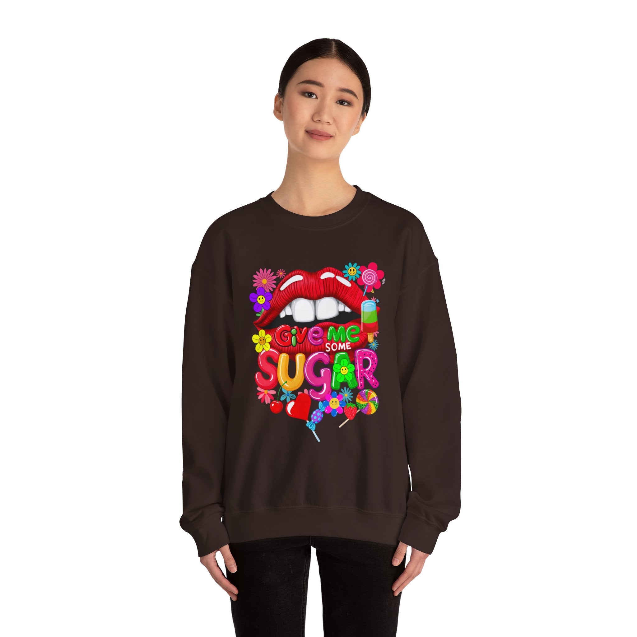 Fun Big Red Lips Give Me Some Sugar Crewneck Sweatshirt - Angel Body