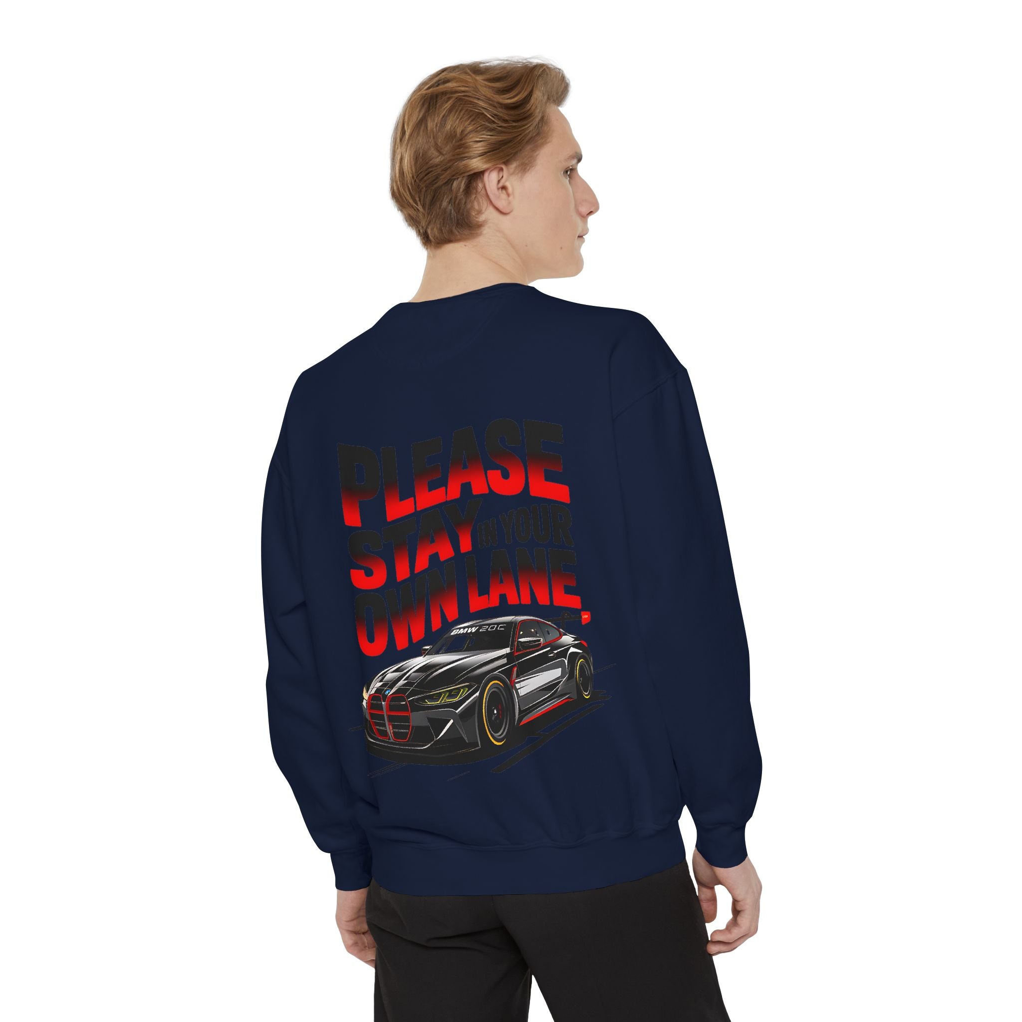 Unisex Garment-Dyed Sweatshirt - 'Please Stay In Your Own Lane' Racing Design - Angel Body