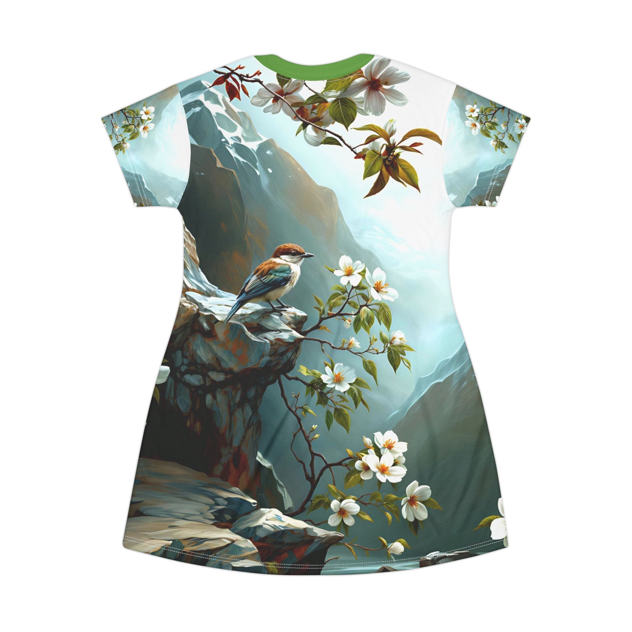 Woman's Nature-Inspired T-Shirt Dress with Floral and Bird Design - Angel Body