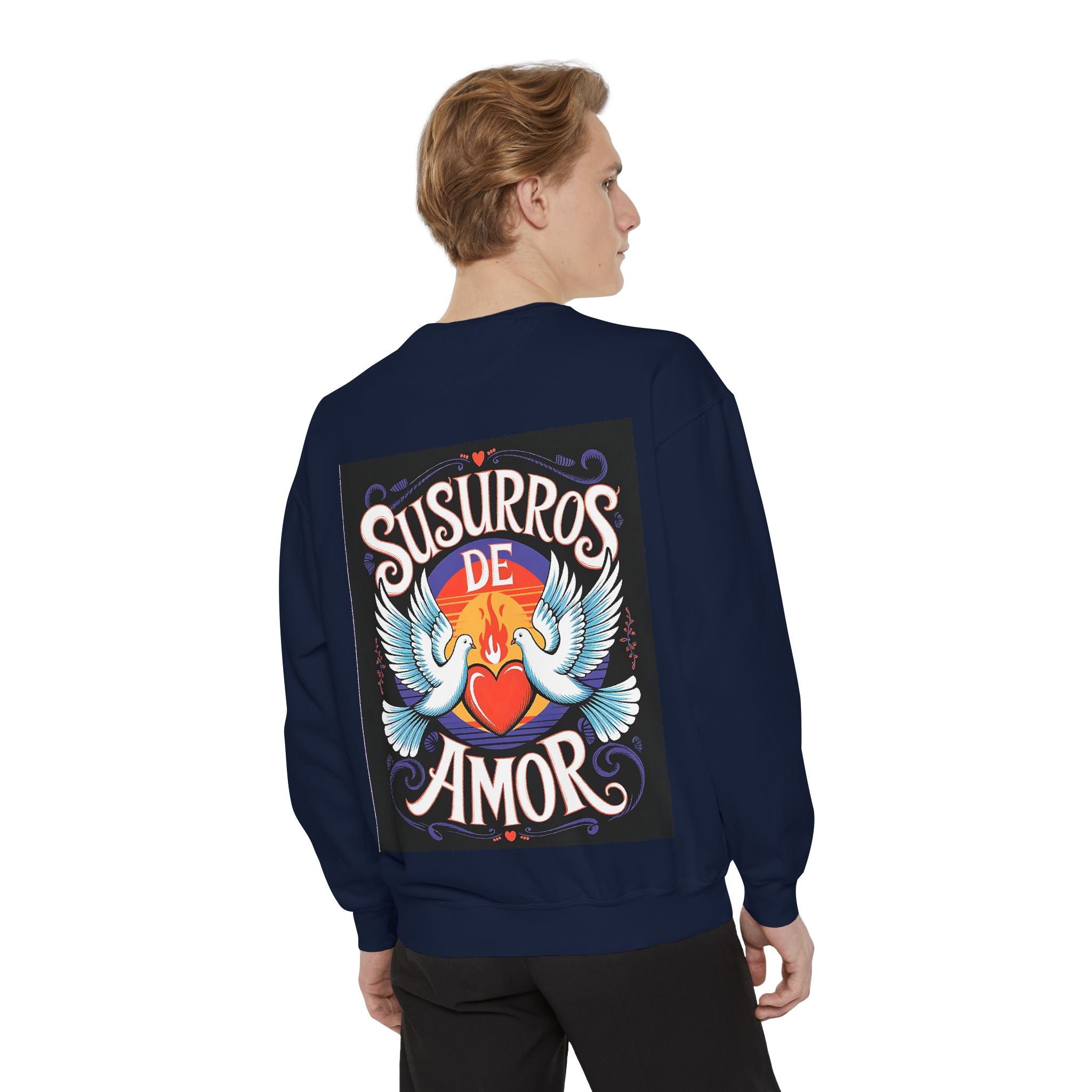 Unisex Love-Themed Garment-Dyed Sweatshirt - 'Susurros de Amor' - Angel Body