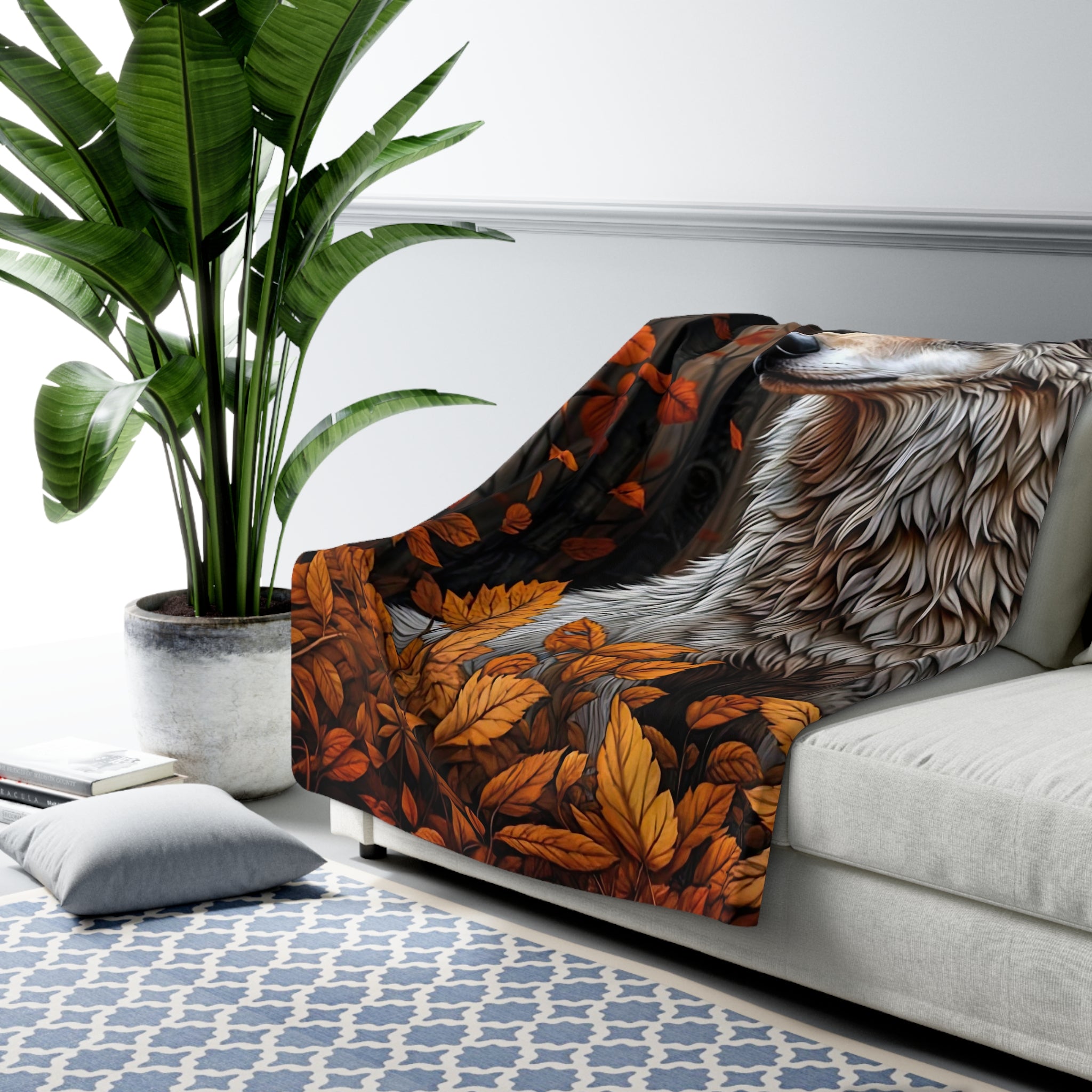 Cozy Wilderness Sherpa Fleece Blanket - Autumn Leaves & Wolf Design - Angel Body