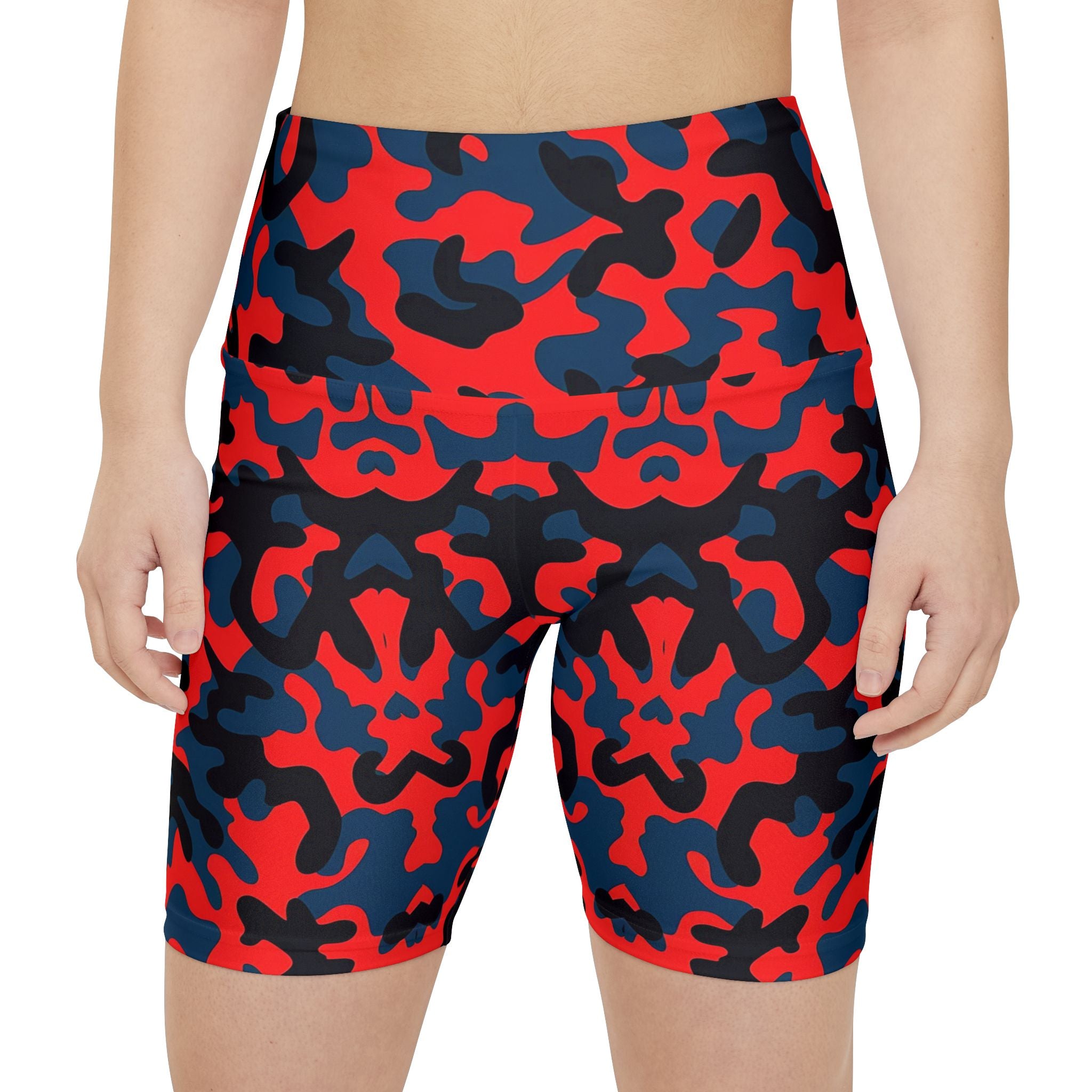 Angelic Energy Women's Workout Shorts - Red and Blue Camo Fitness Gear - Angel Body