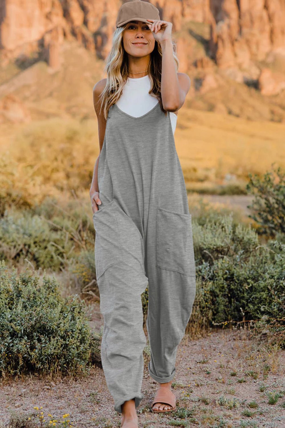 Double Take Full Size V - Neck Sleeveless Jumpsuit with Pockets - Angel Body