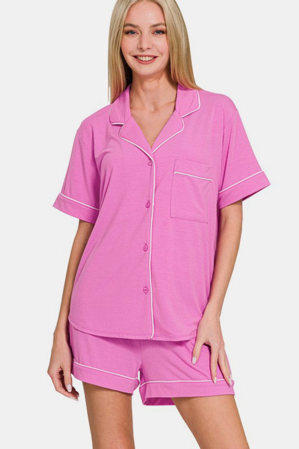Zenana Button Down Short Sleeve Top and Shorts Lounge Set - Angel Body