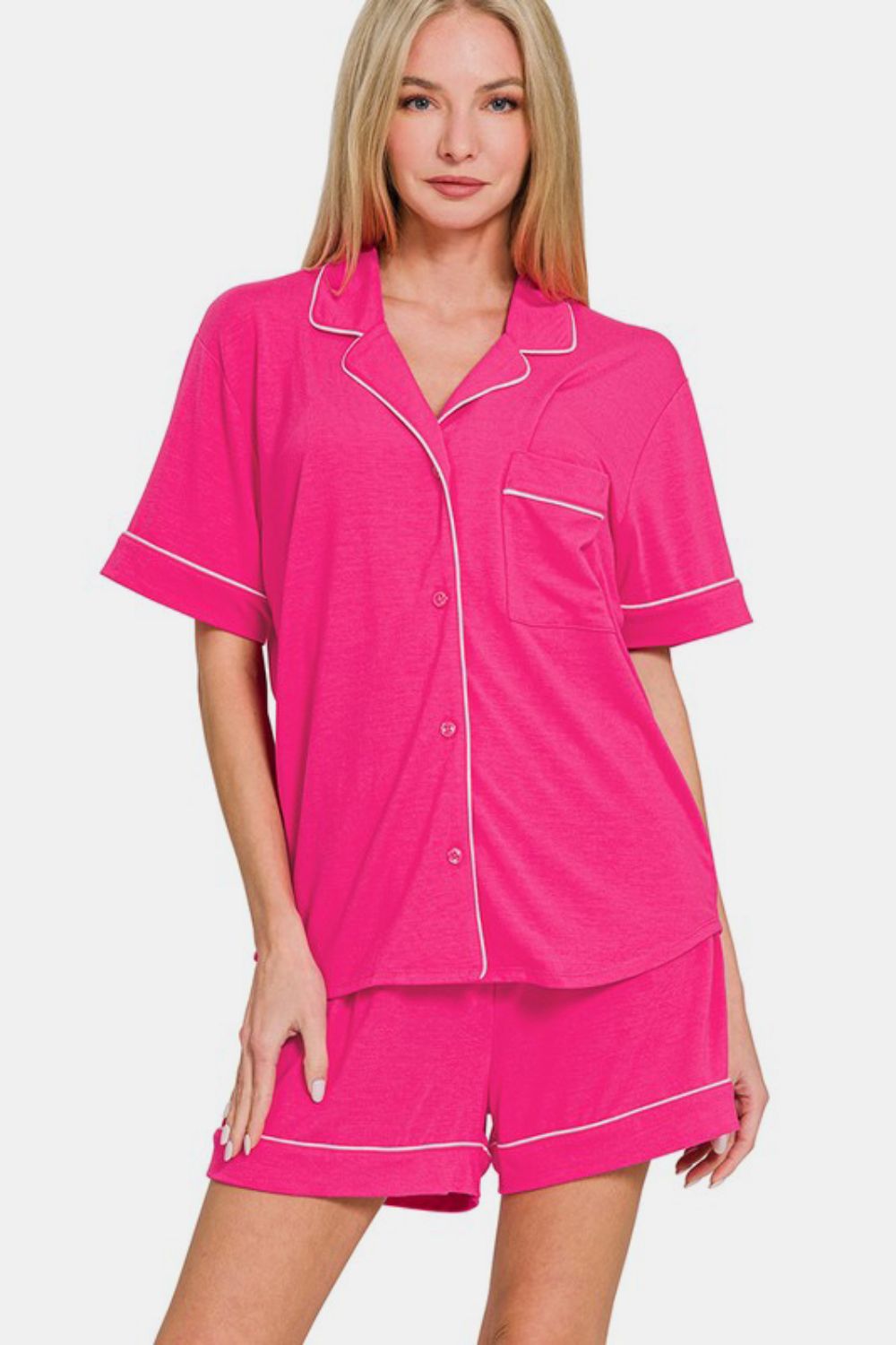 Zenana Button Down Short Sleeve Top and Shorts Lounge Set - Angel Body
