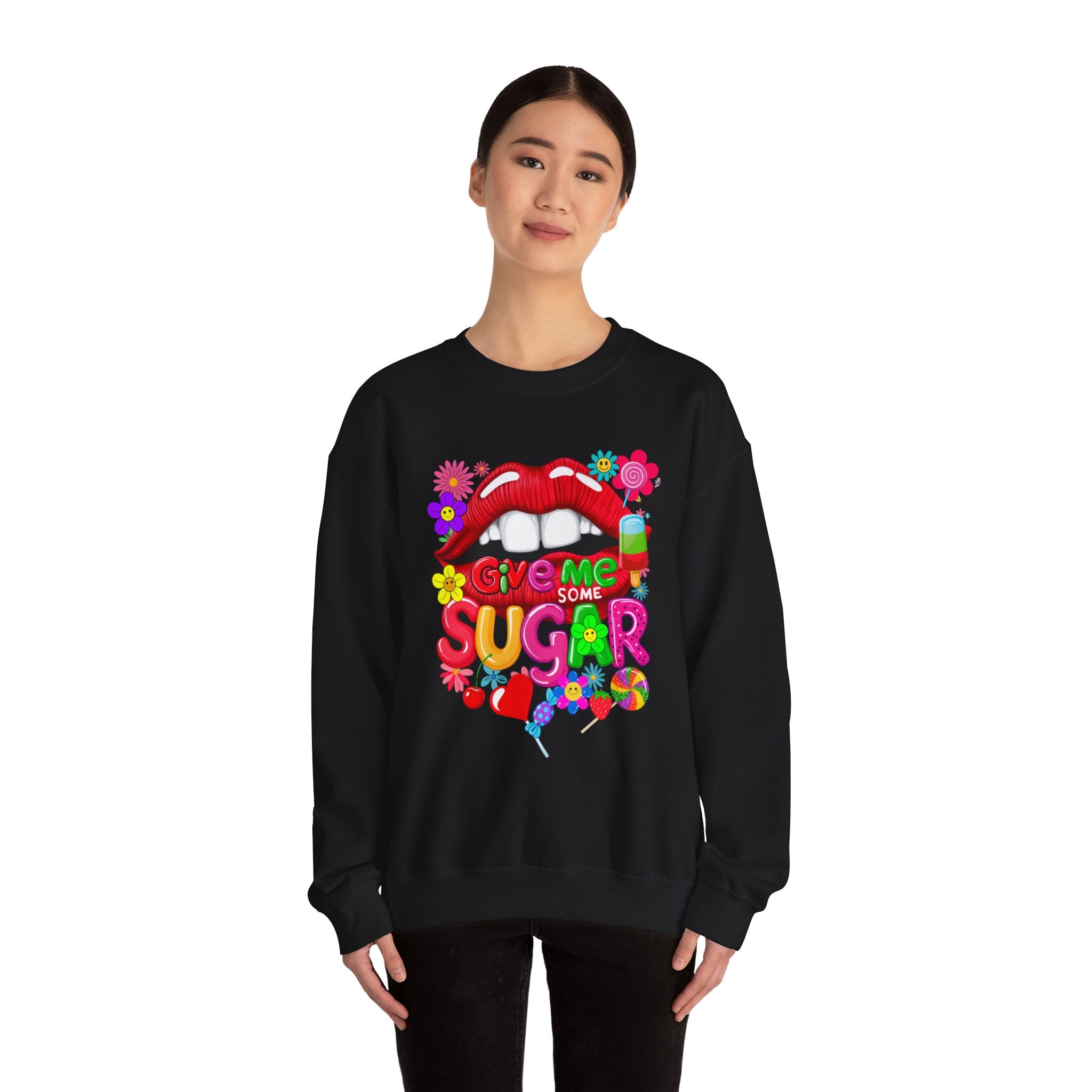 Fun Big Red Lips Give Me Some Sugar Crewneck Sweatshirt - Angel Body