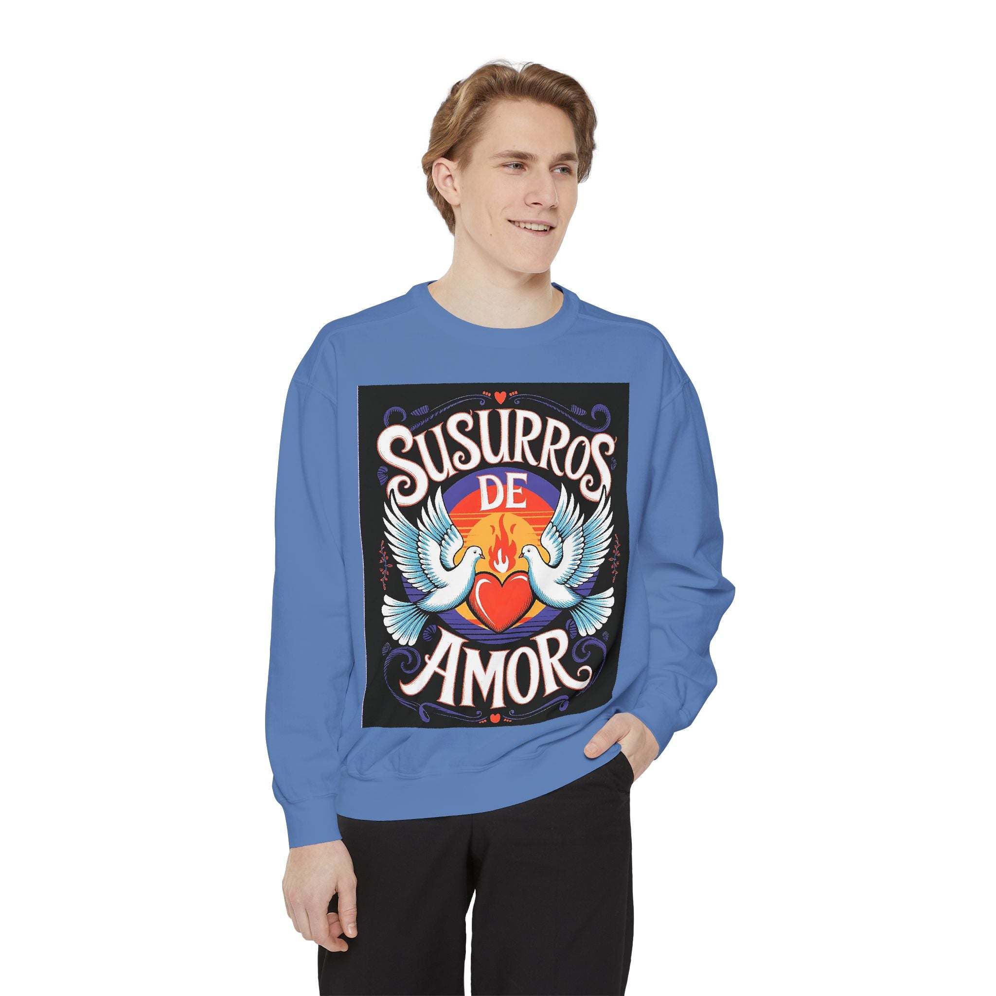 Unisex Love-Themed Garment-Dyed Sweatshirt - 'Susurros de Amor' - Angel Body