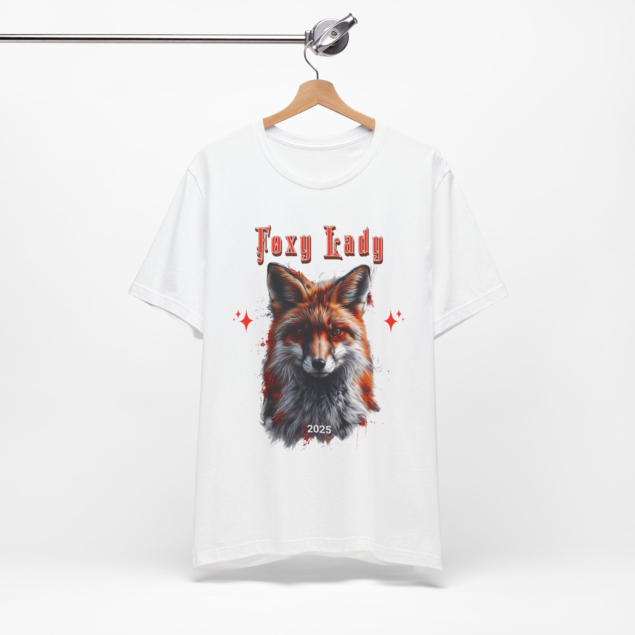 Unisex Jersey Short Sleeve Tee: A beautiful Red Fox with the words foxy lady - Angel Body