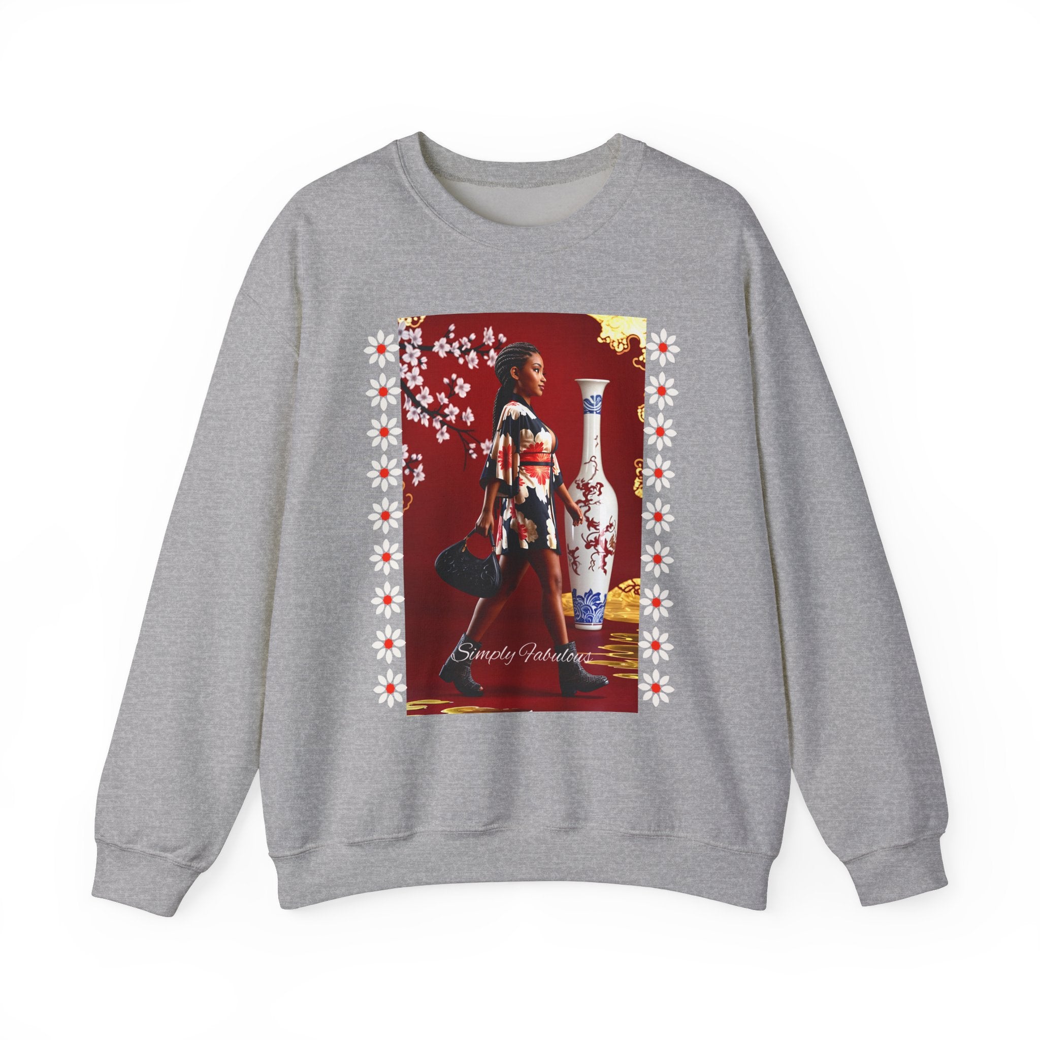 Elegant Asian-Inspired Graphic Crewneck Sweatshirt - Angel Body